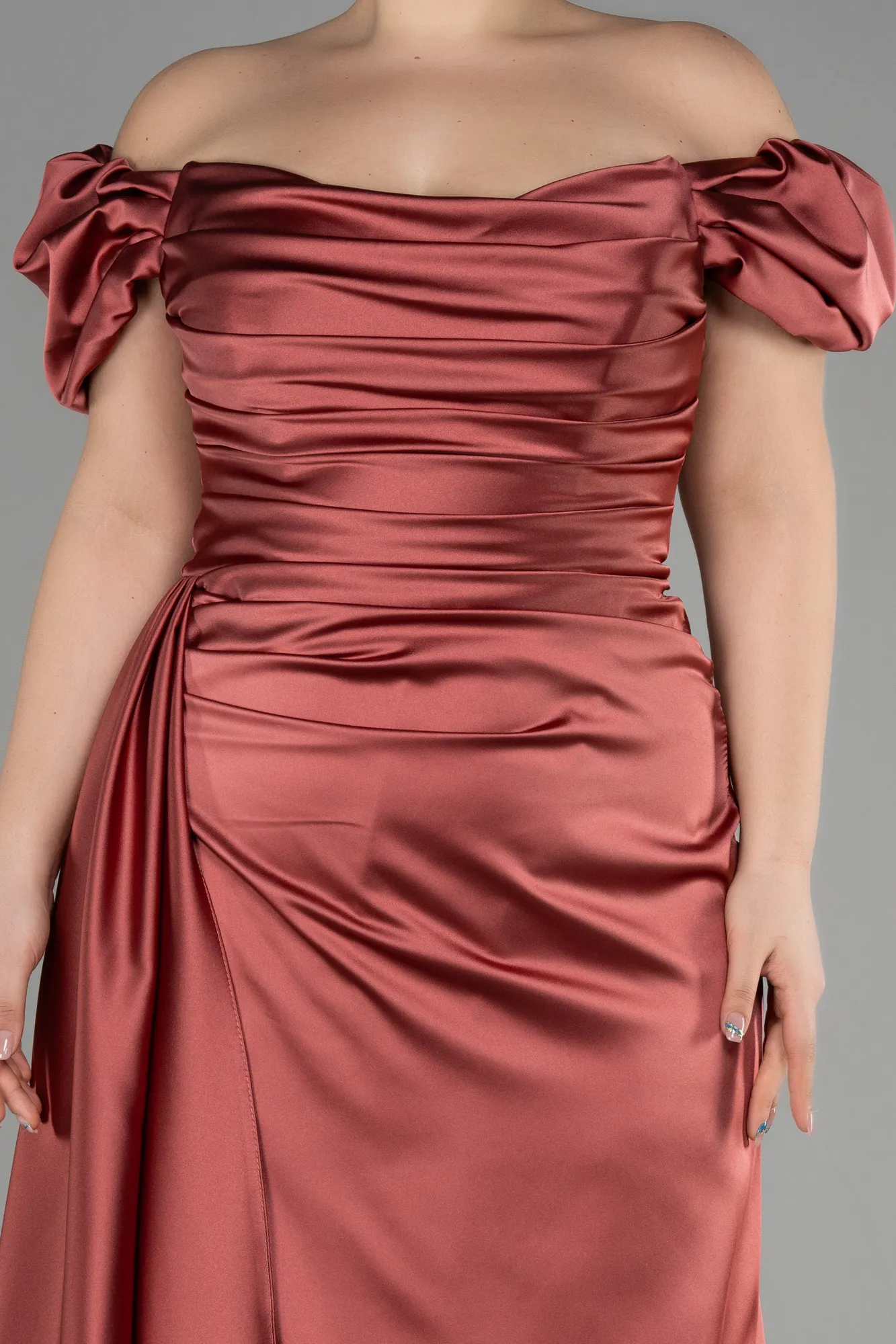 Cinnamon-Long Satin Plus Size Evening Dress ABU1626