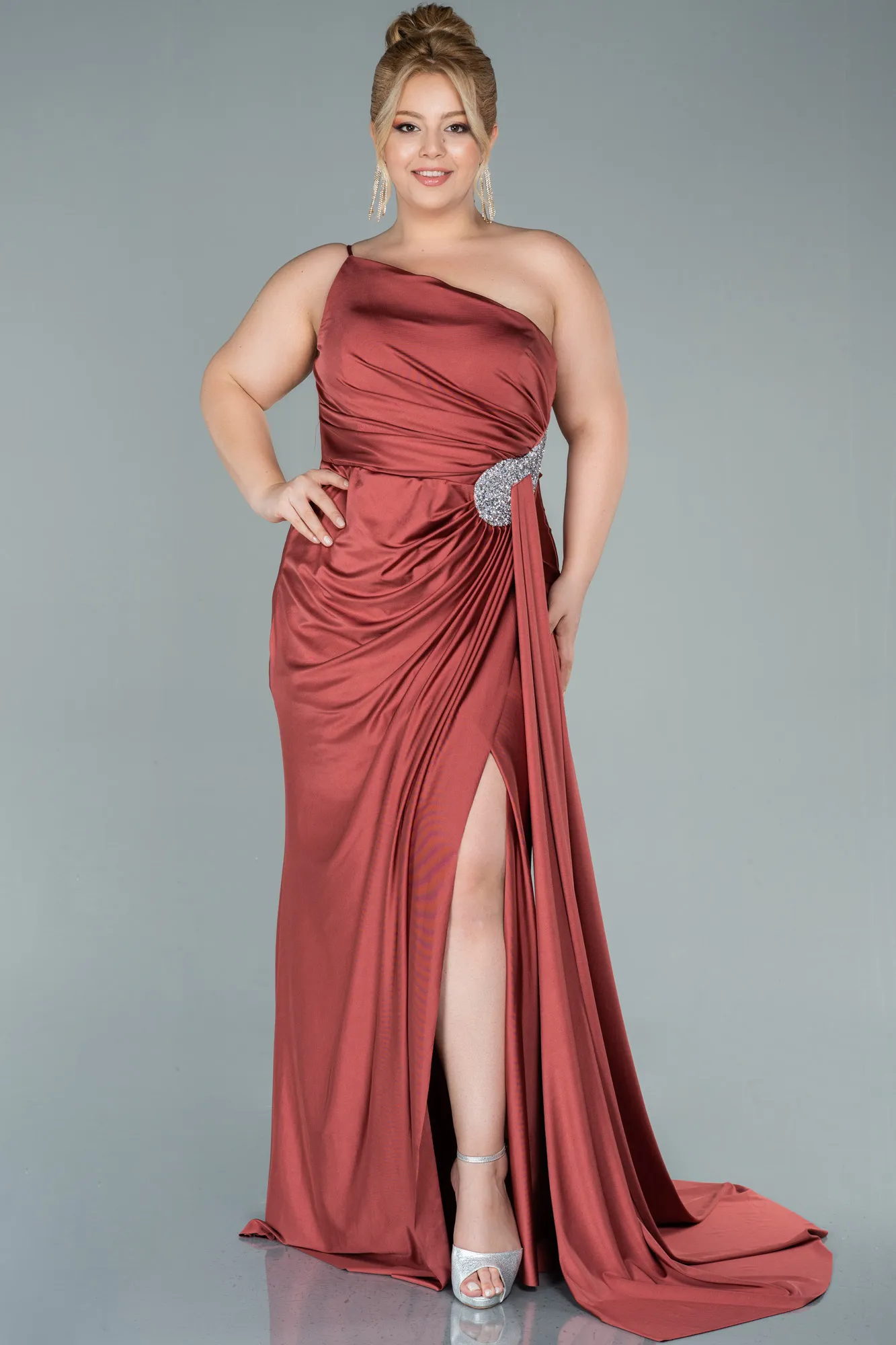 Cinnamon-Long Satin Plus Size Evening Dress ABU2532