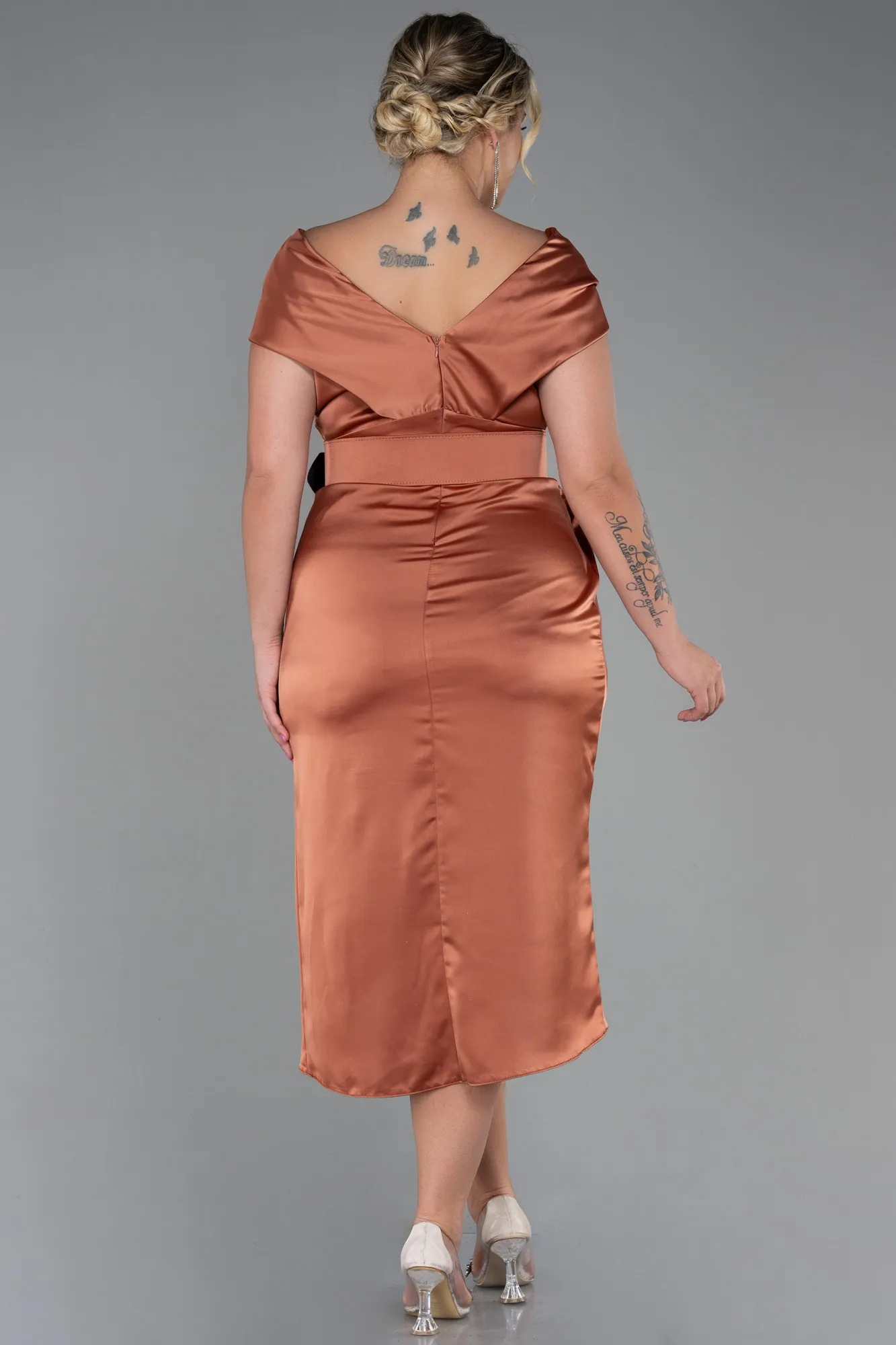 Cinnamon-Midi Satin Plus Size Evening Dress ABK1499
