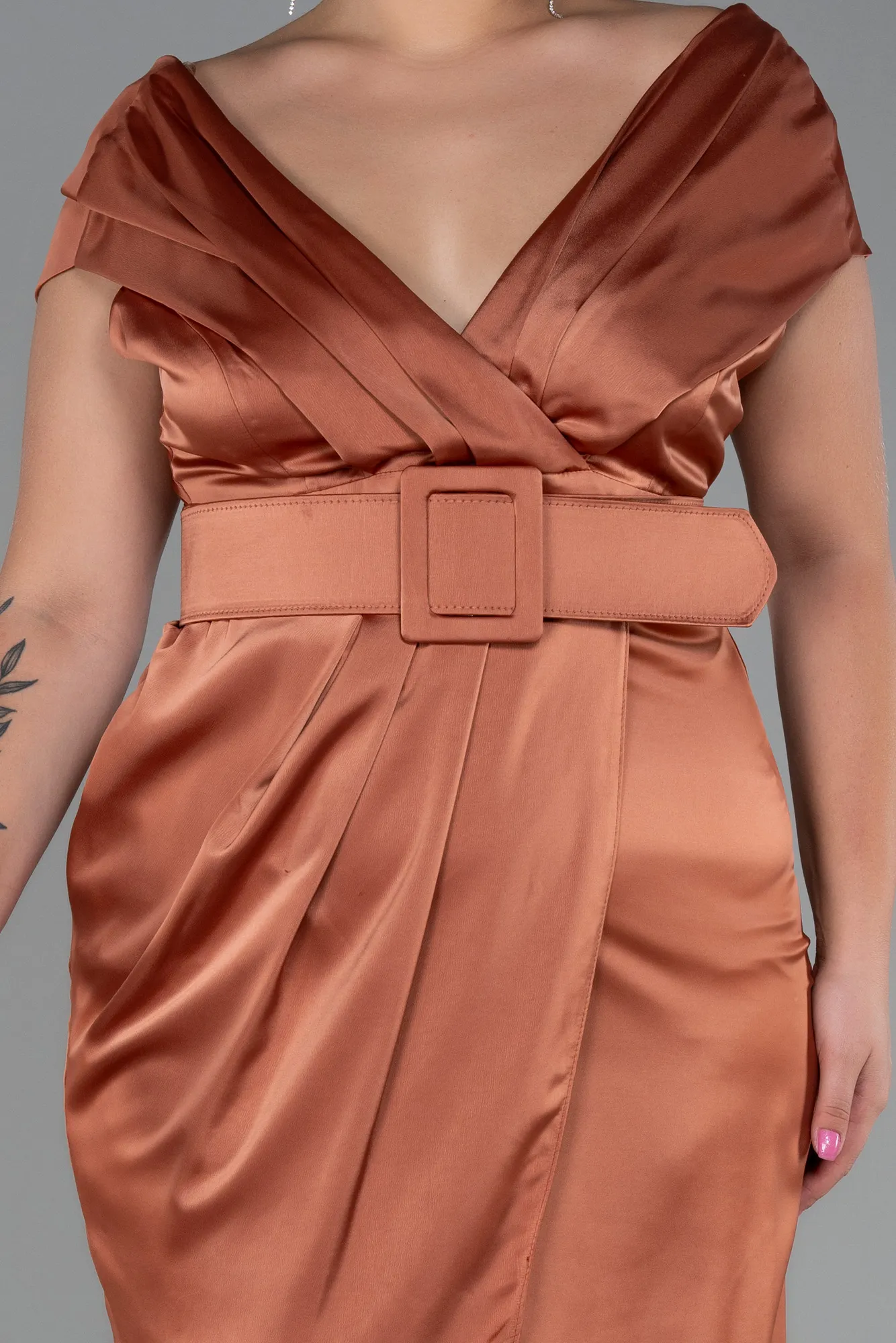 Cinnamon-Midi Satin Plus Size Evening Dress ABK1499