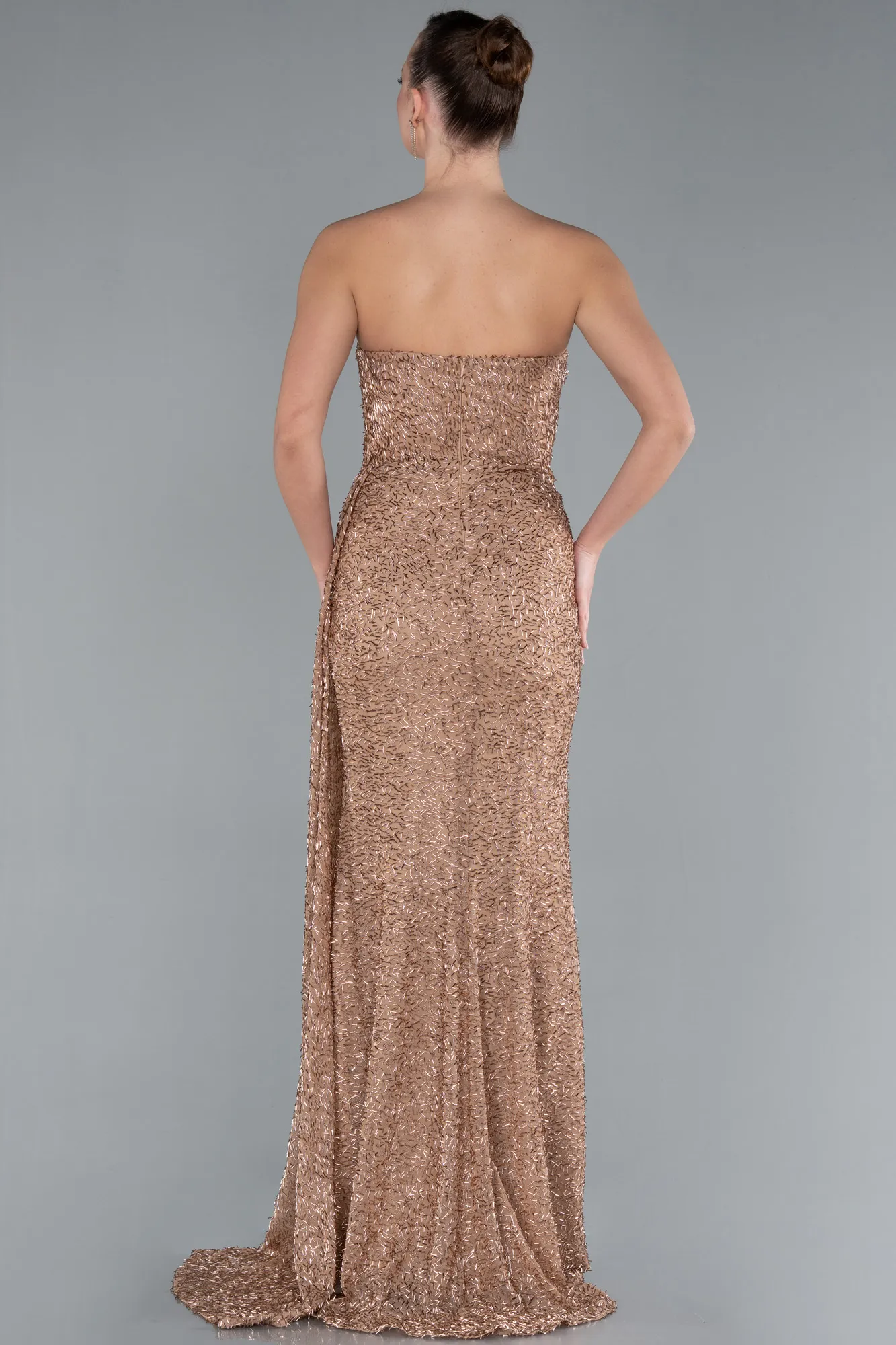 Copper-Asymmetrical Strapless Slit Long Beaded Evening Gown ABU4744