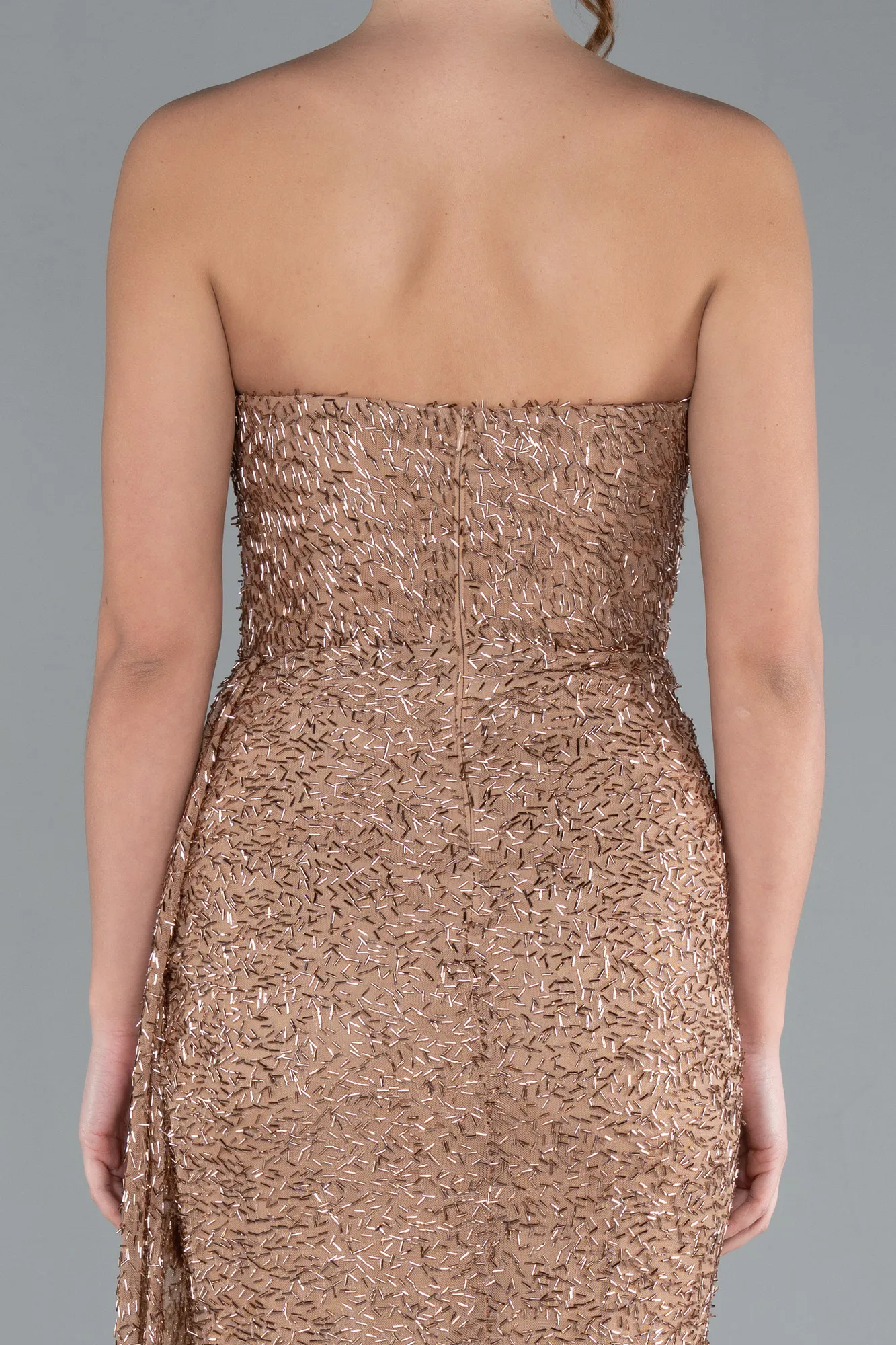 Copper-Asymmetrical Strapless Slit Long Beaded Evening Gown ABU4744