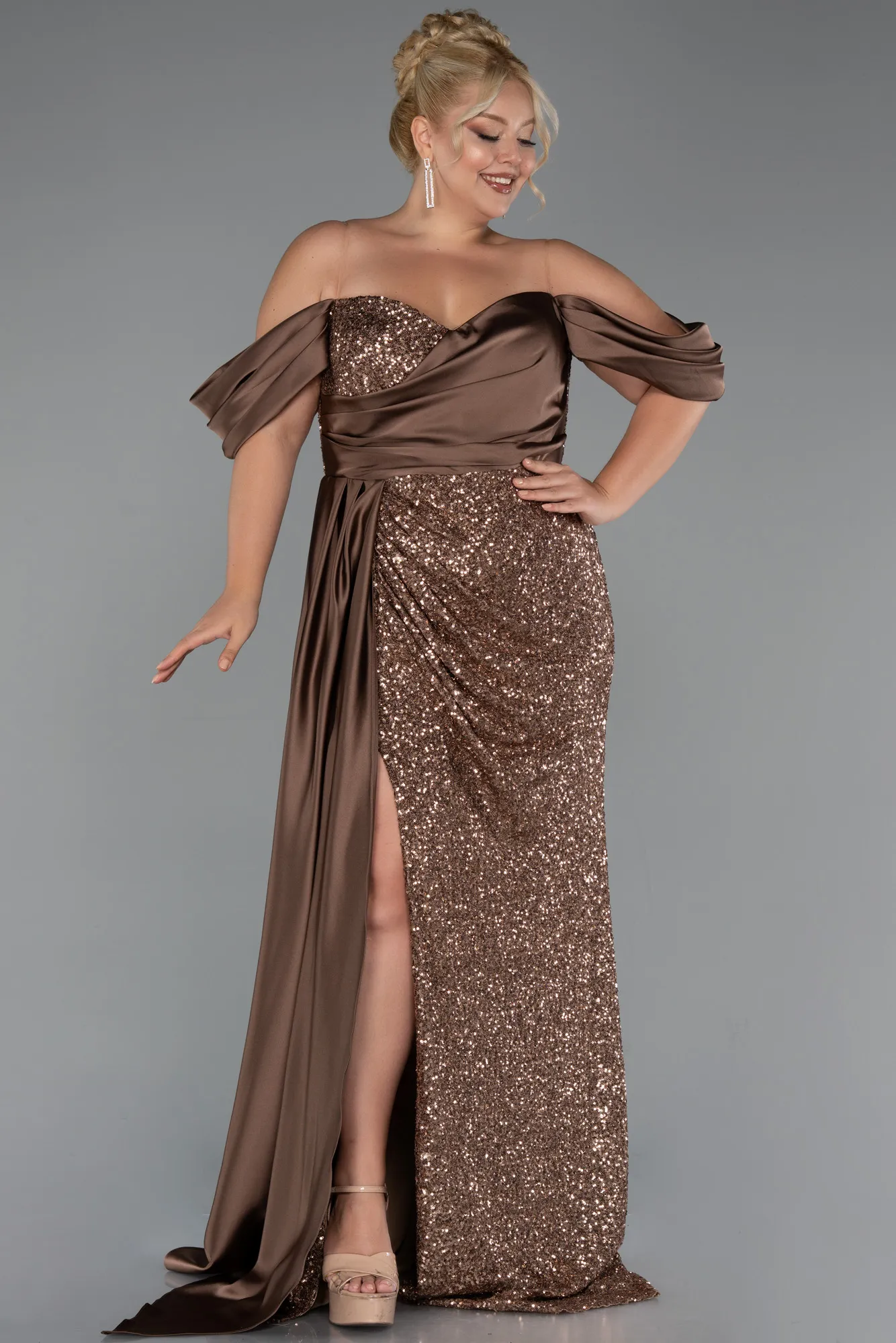 Copper-Boat Neck Long Sequined Plus Size Evening Gown ABU4086