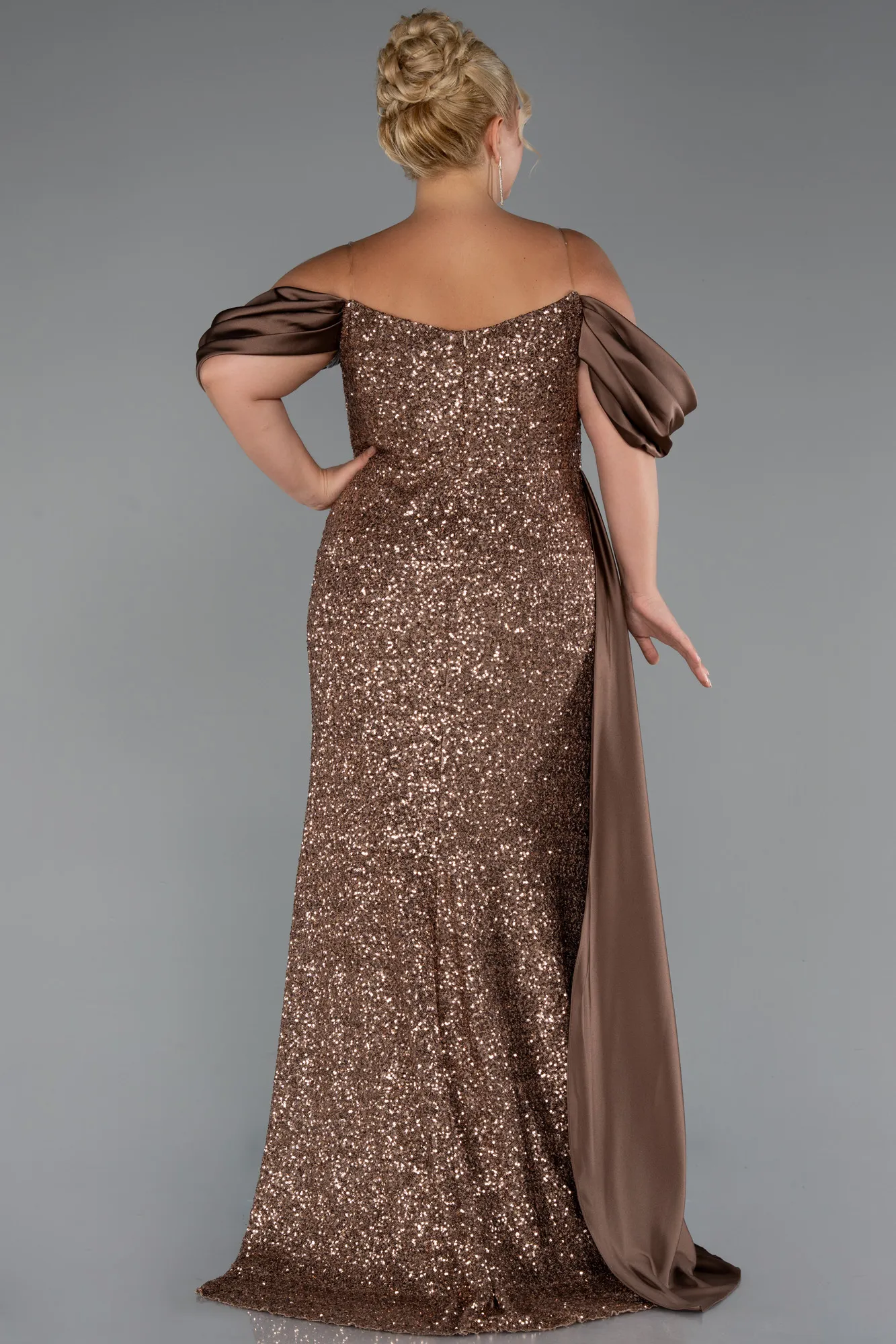 Copper-Boat Neck Long Sequined Plus Size Evening Gown ABU4086