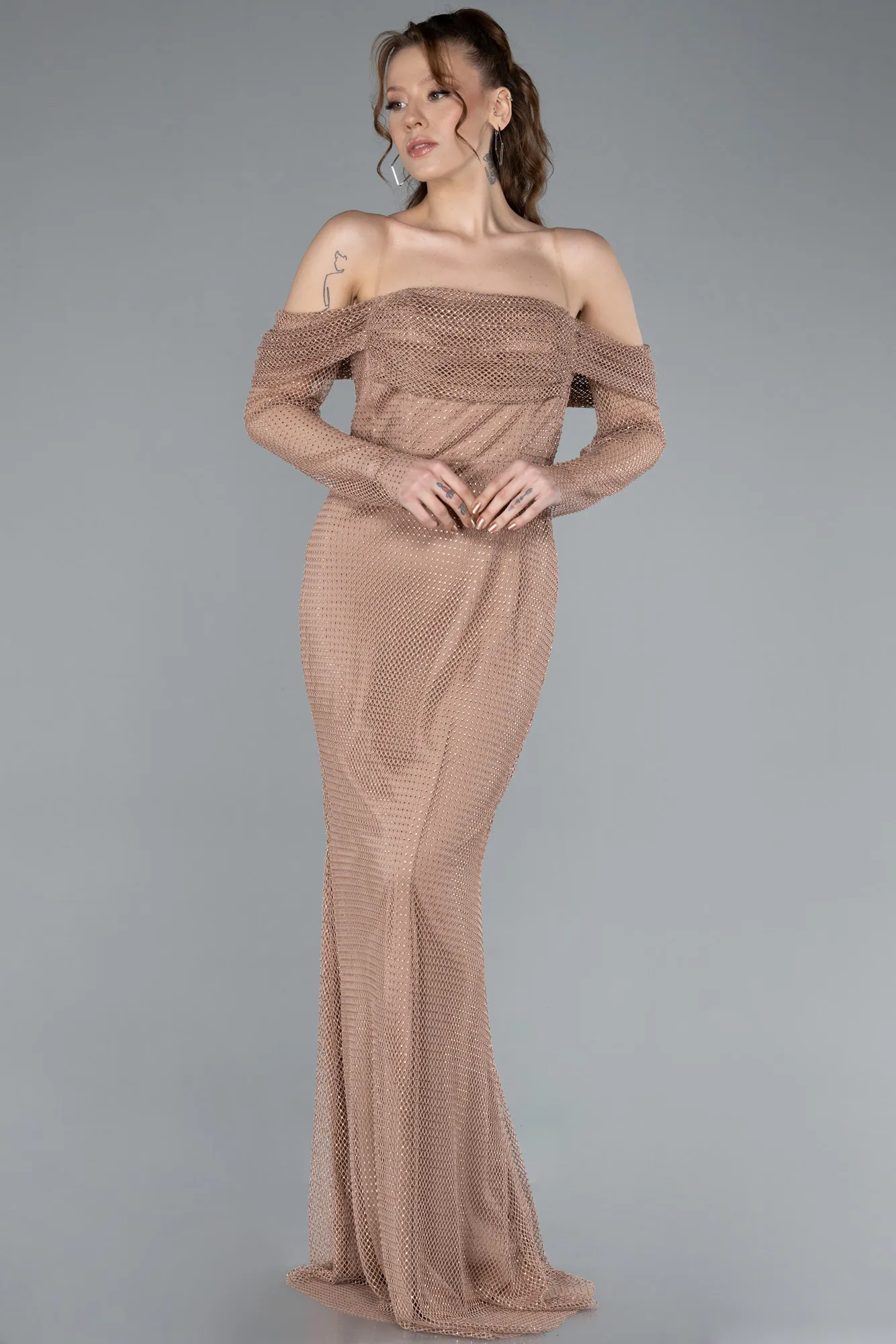 Copper-Boat Neck Long Sleeve File Mermaid Evening Gown ABU4706
