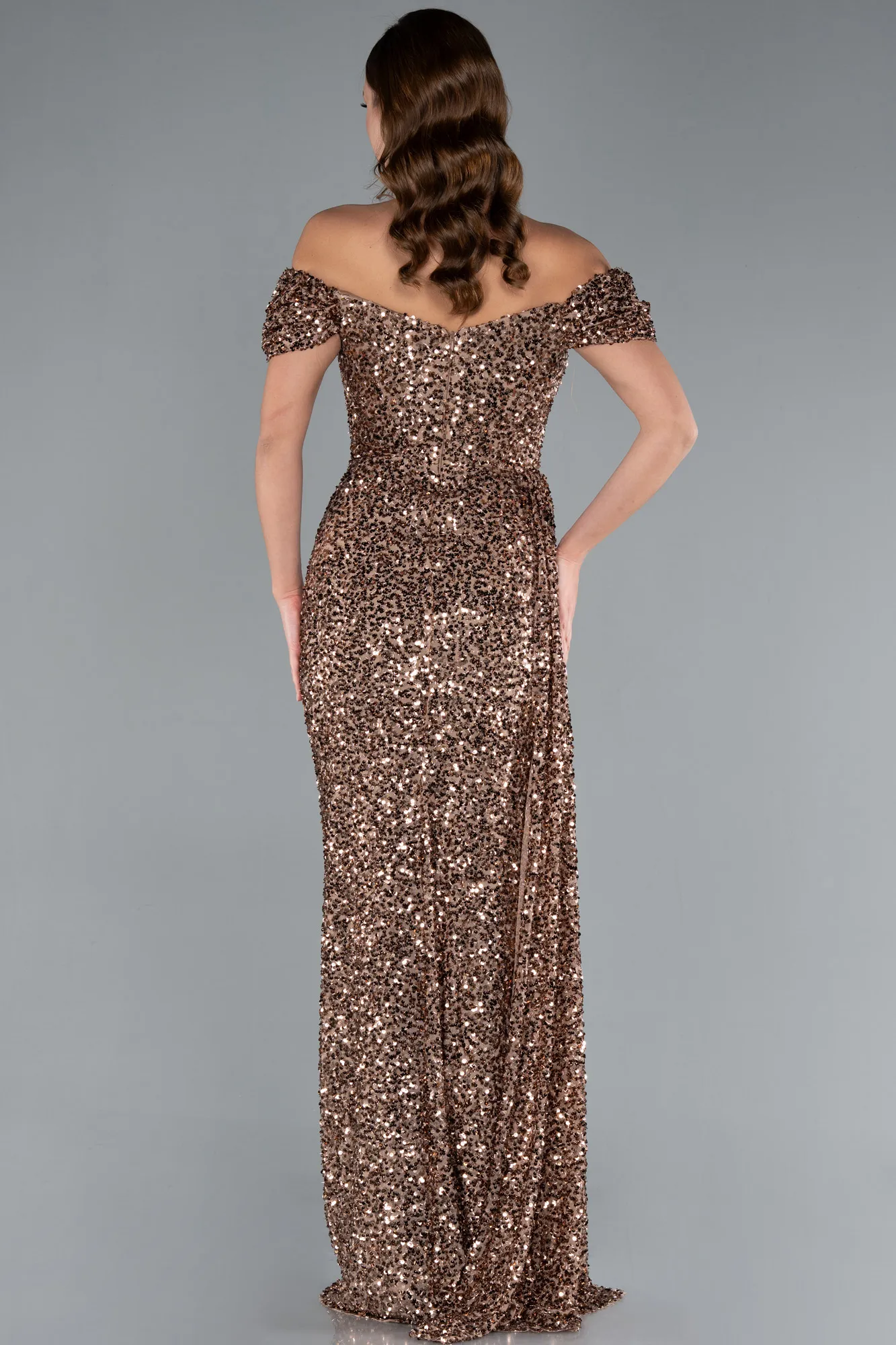 Copper-Boat Neck Slit Long Sequin Evening Gown ABU4843