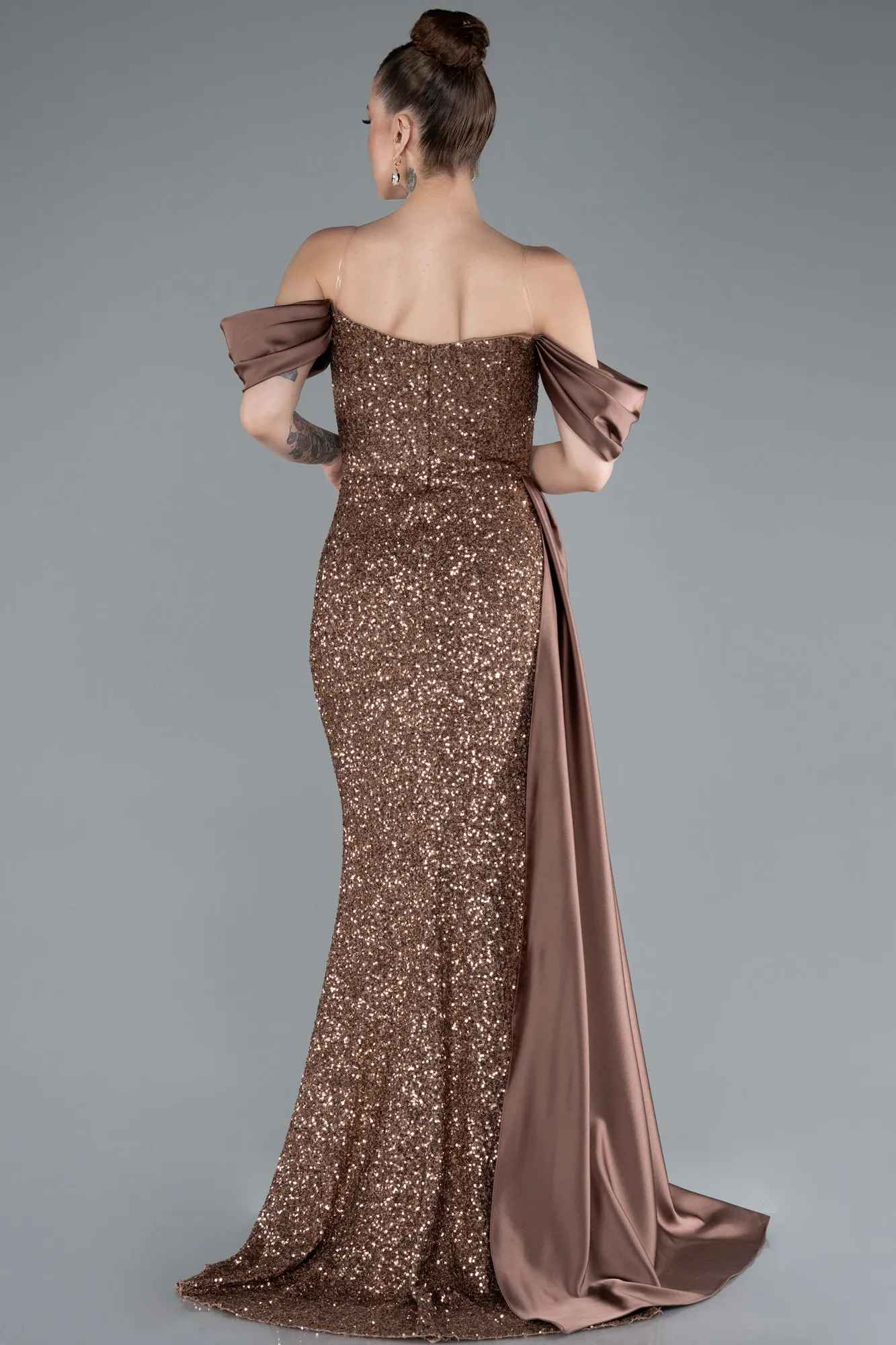 Copper-Boat Neck Slit Long Sequined Evening Gown ABU4085