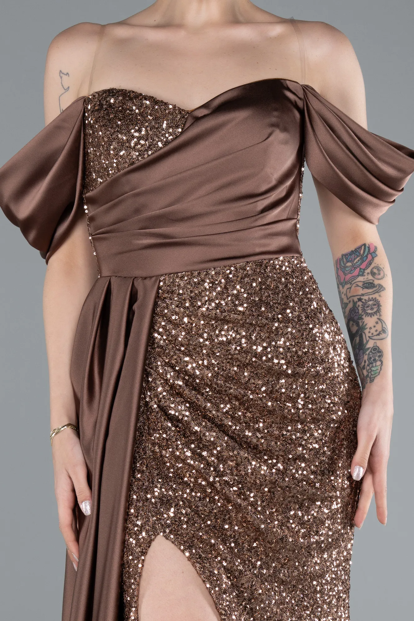 Copper-Boat Neck Slit Long Sequined Evening Gown ABU4085