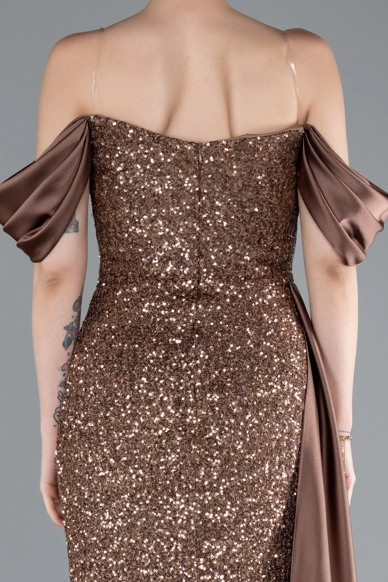 Copper-Boat Neck Slit Long Sequined Evening Gown ABU4085