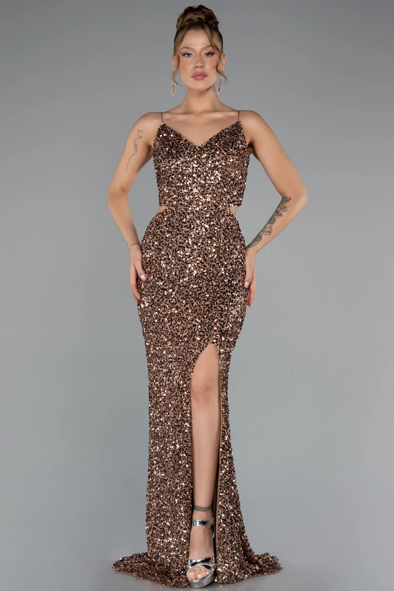 Copper-Cut Out Long Scaly Mermaid Evening Gown ABU4847