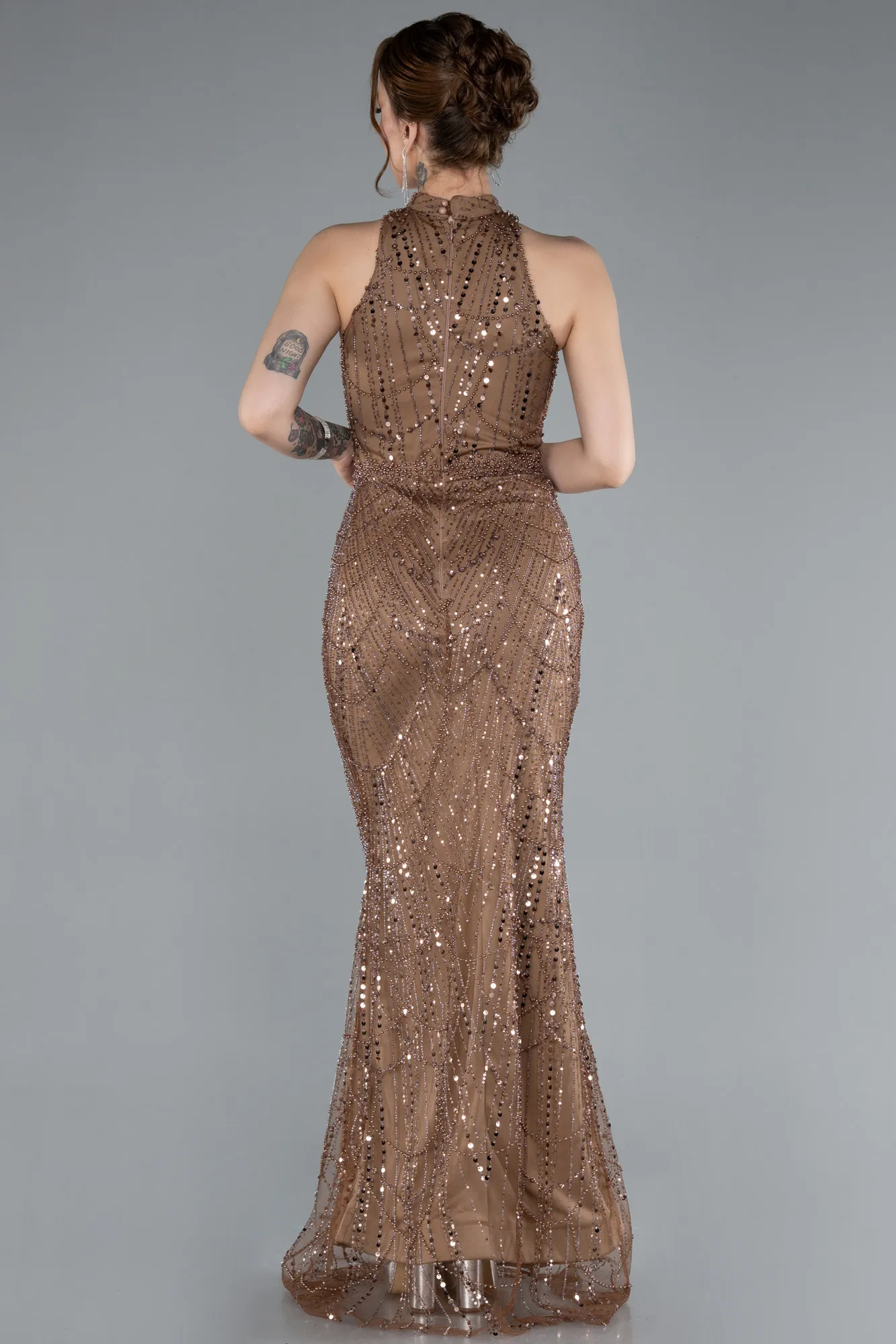 Copper-Halter Neck Long Beaded Mermaid Evening Gown ABU4791