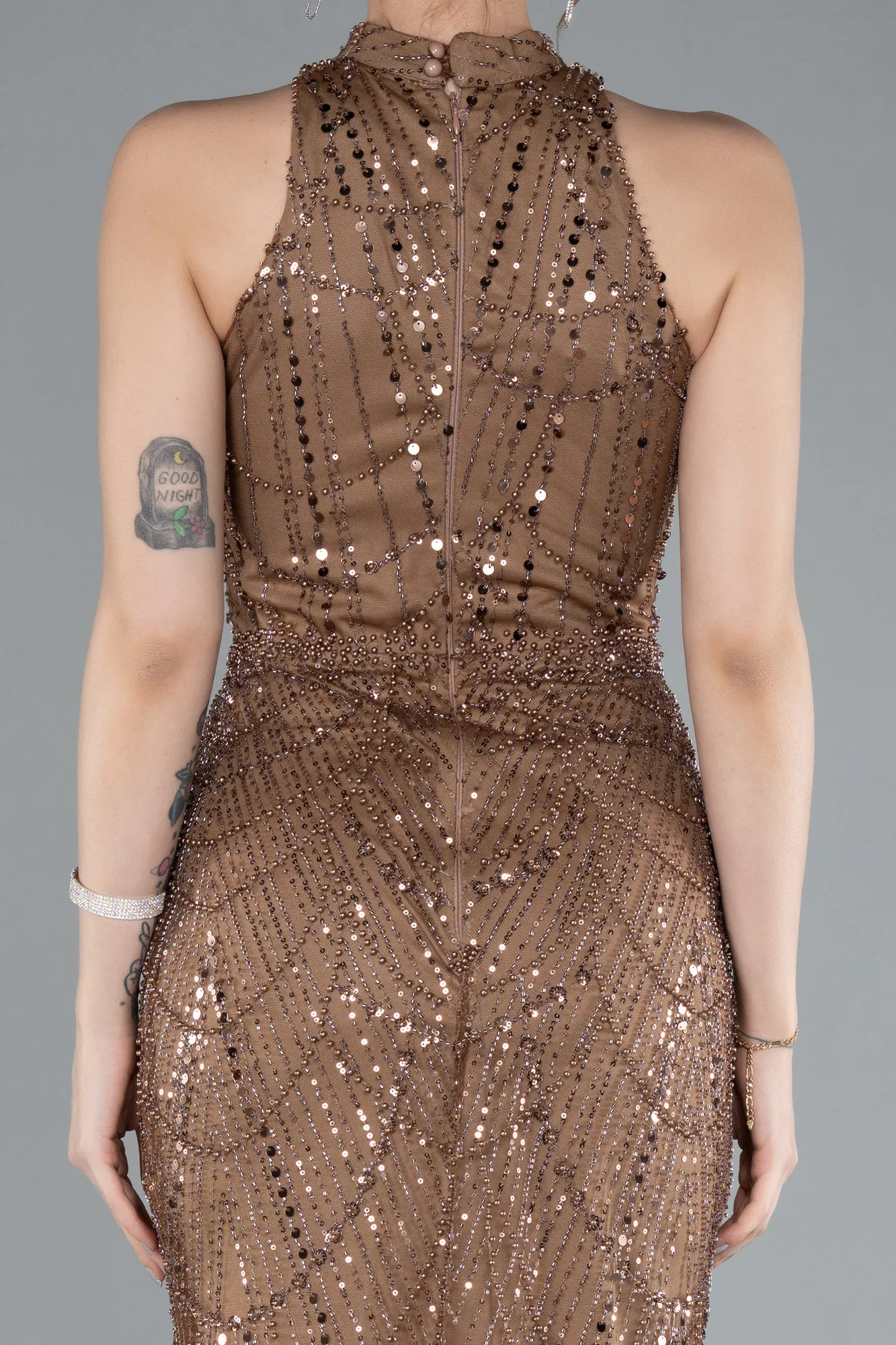 Copper-Halter Neck Long Beaded Mermaid Evening Gown ABU4791