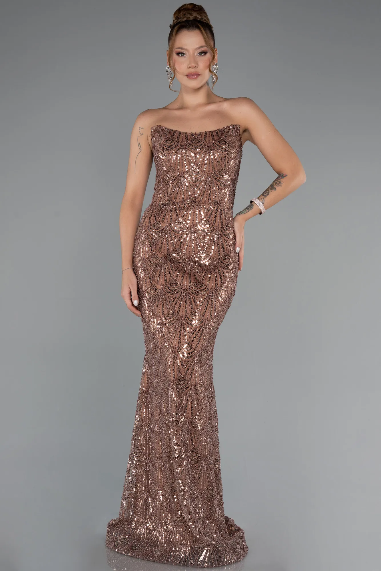 Copper-Long Beaded Evening Dress ABU5345