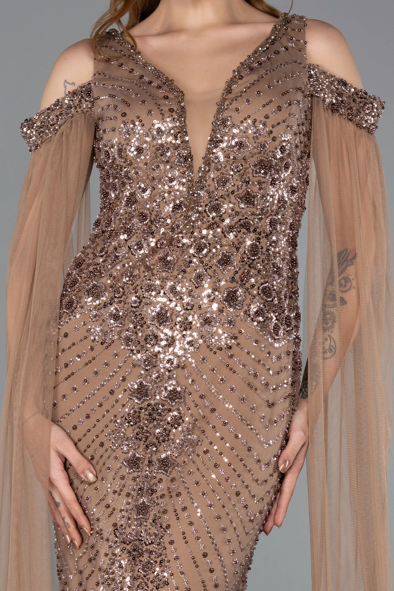 Copper-Long Beaded Evening Dress ABU5497