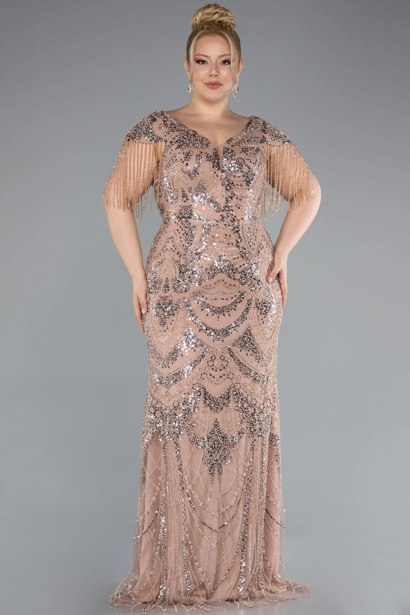 Copper-Long Beaded Plus Size Engagement Dress ABU4939