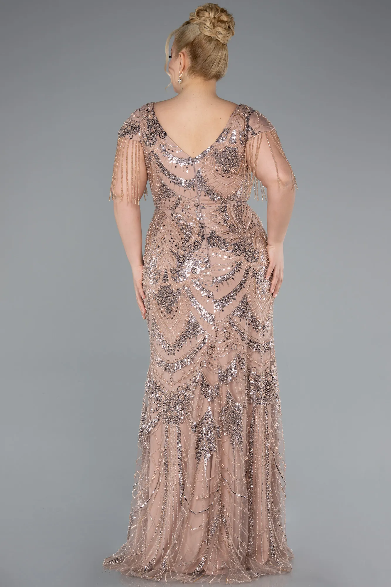 Copper-Long Beaded Plus Size Engagement Dress ABU4939