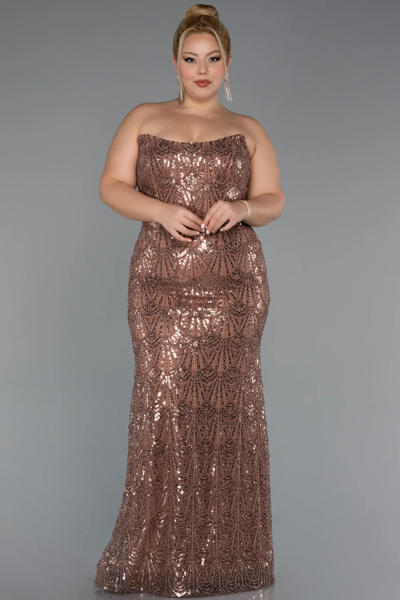 Copper-Long Beaded Plus Size Engagement Dress ABU5347