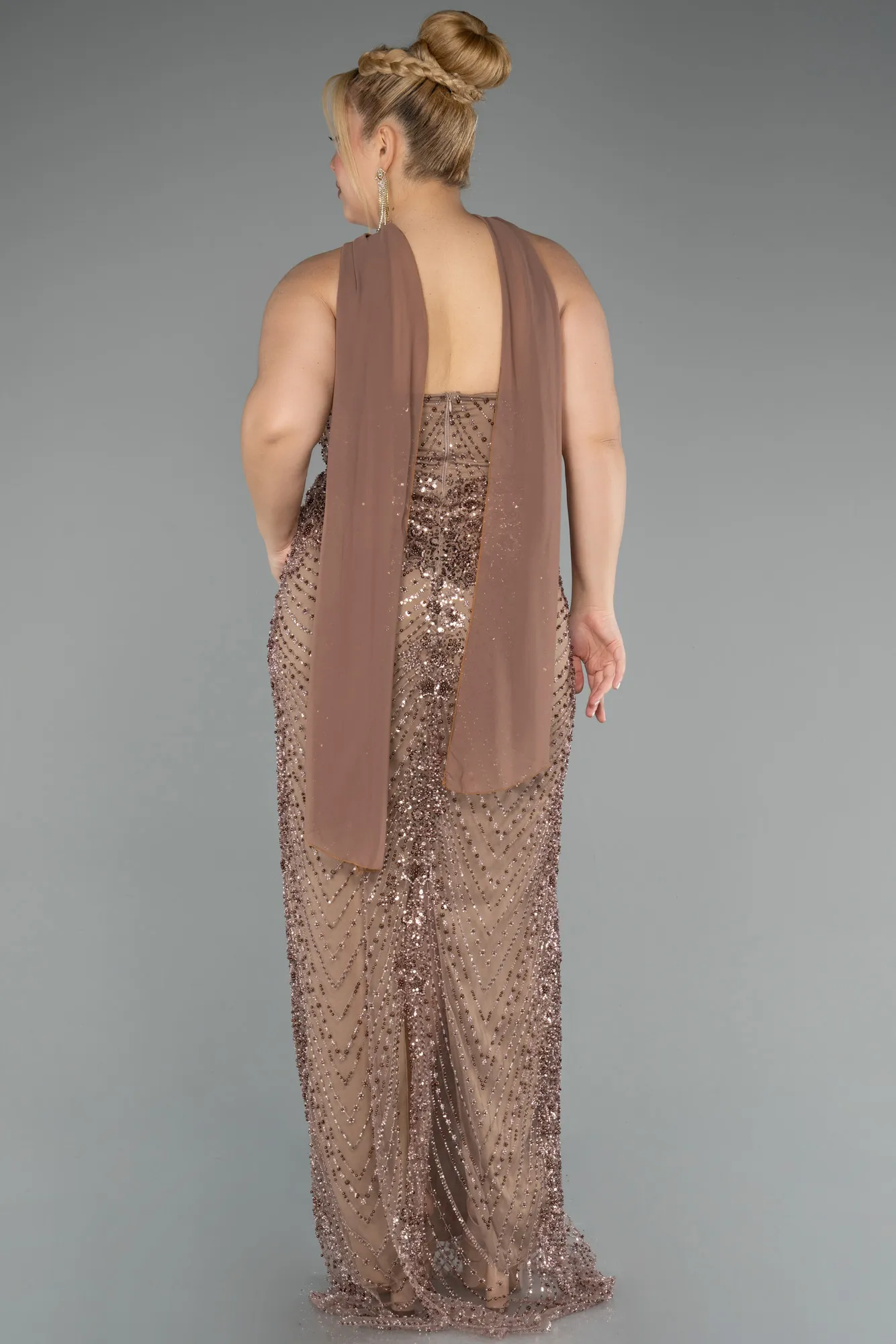 Copper-Long Beaded Plus Size Evening Gown ABU5495