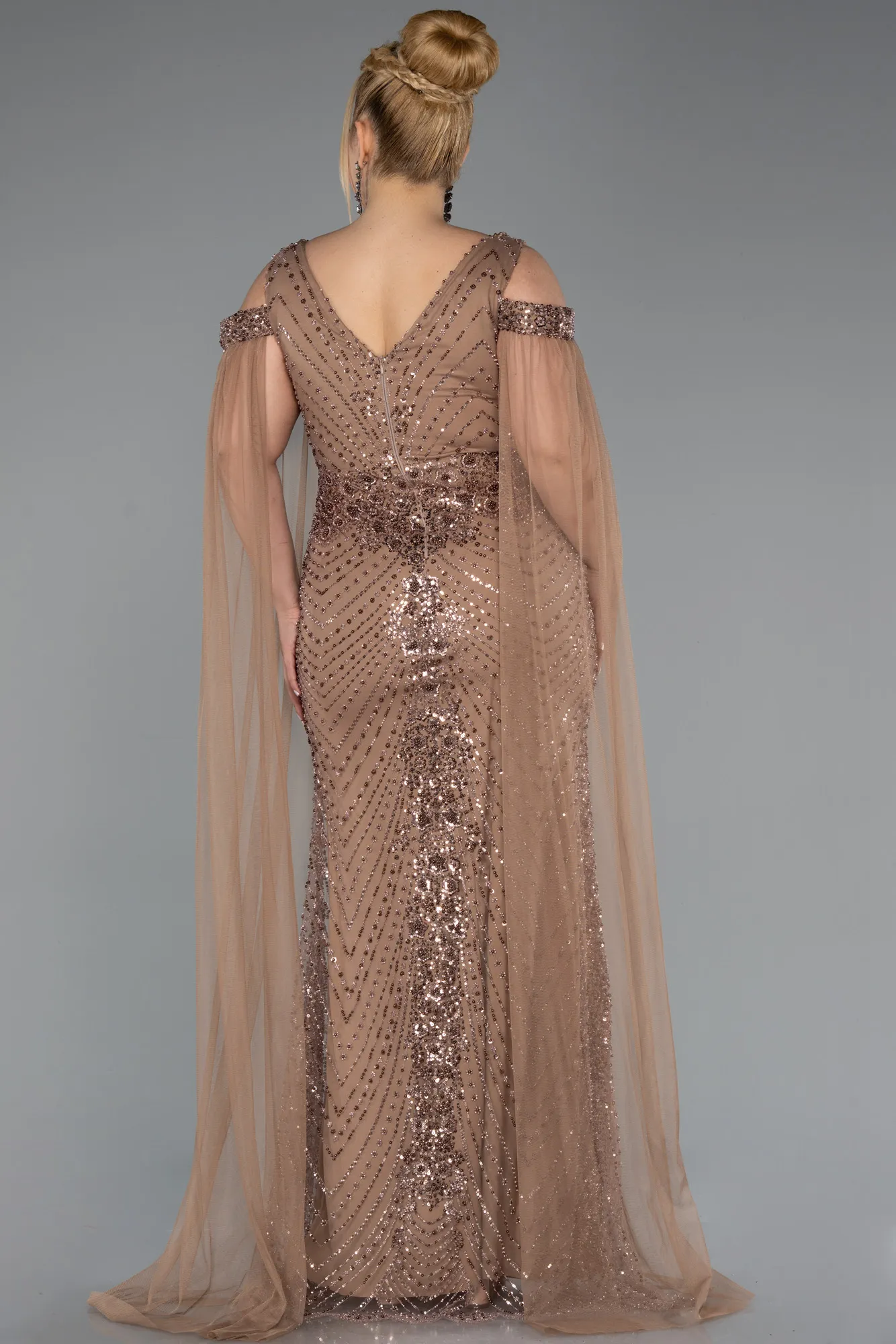 Copper-Long Beaded Plus Size Evening Gown ABU5498