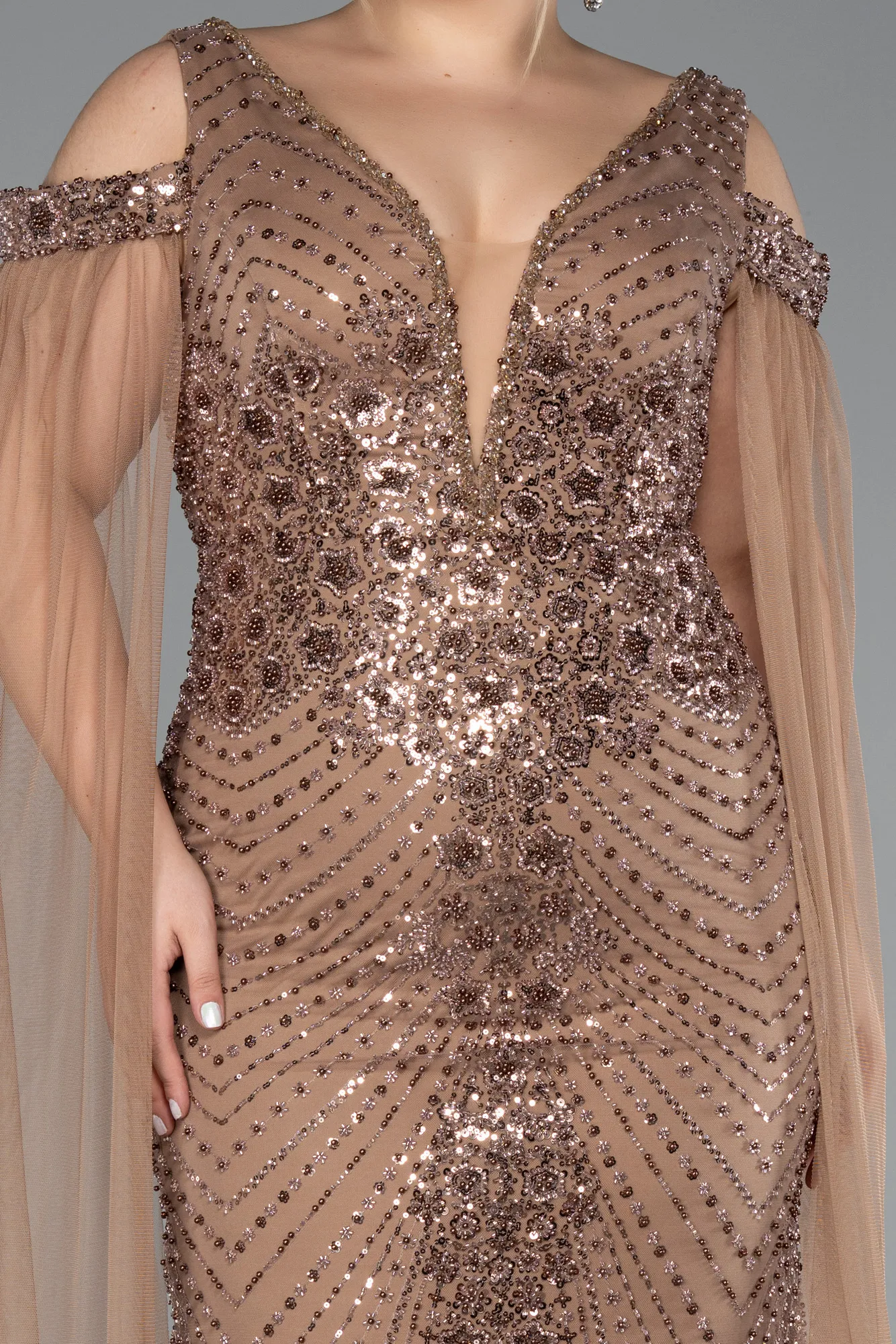 Copper-Long Beaded Plus Size Evening Gown ABU5498