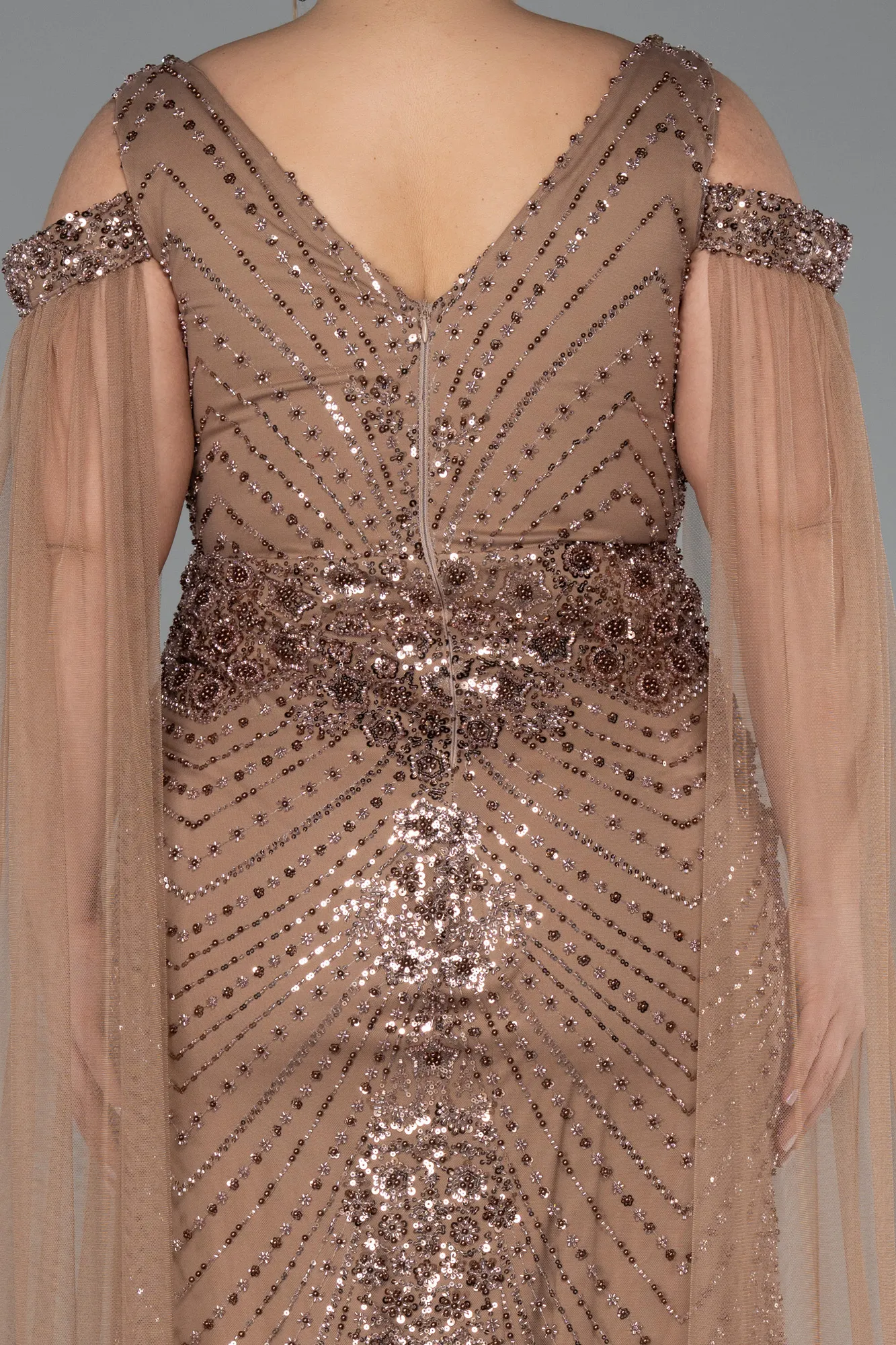 Copper-Long Beaded Plus Size Evening Gown ABU5498