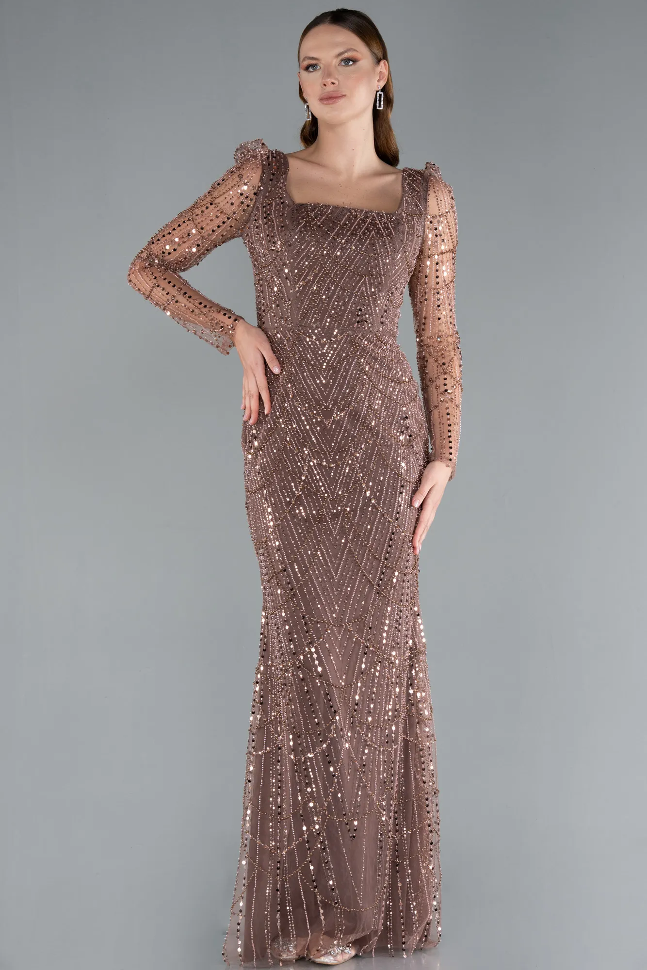 Copper-Long Sleeve Stone Embellished Satin Train Evening Dress ABU4603