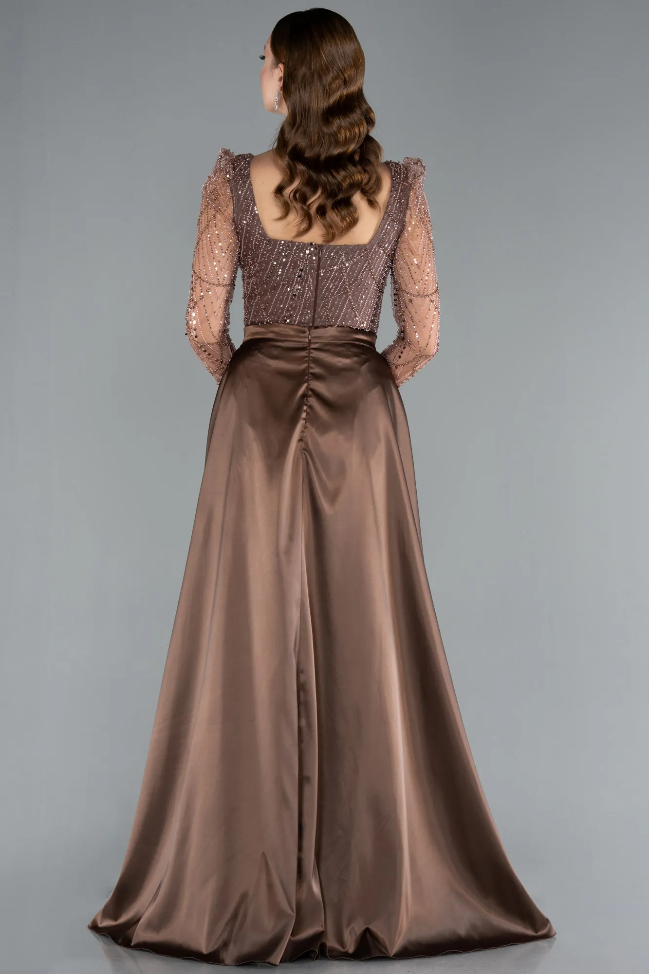 Copper-Long Sleeve Stone Embellished Satin Train Evening Dress ABU4603