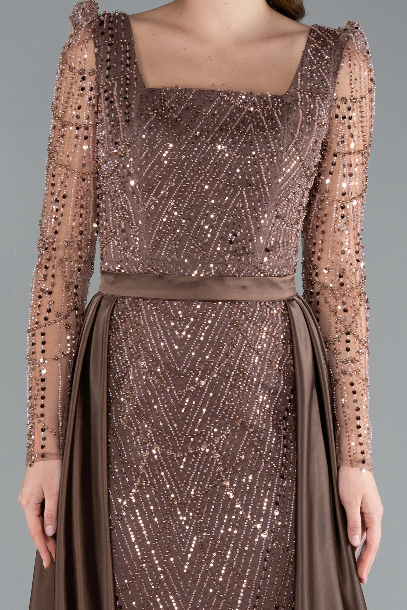 Copper-Long Sleeve Stone Embellished Satin Train Evening Dress ABU4603