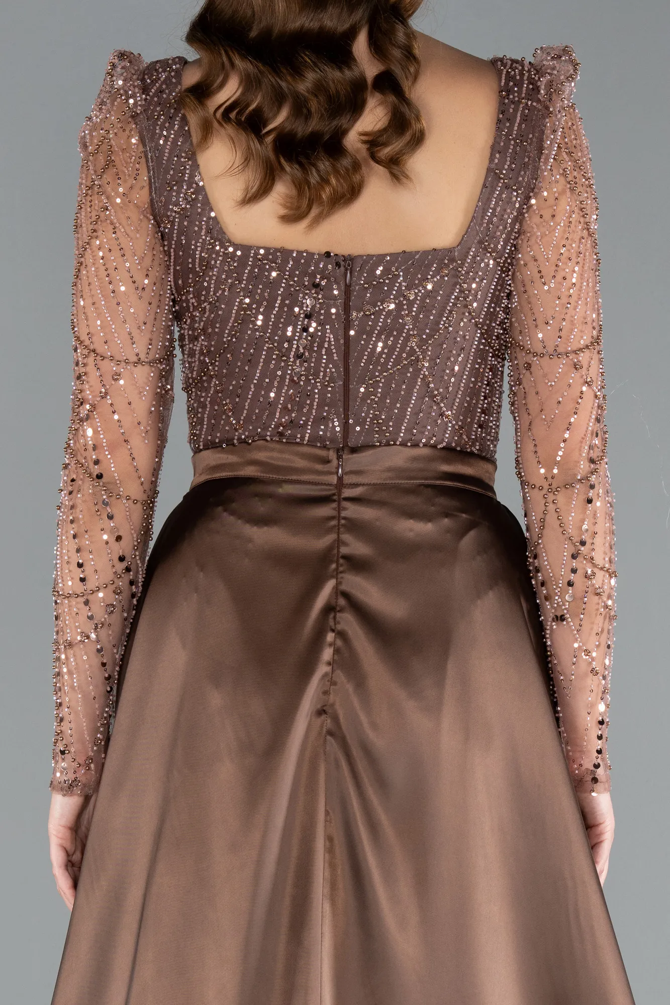 Copper-Long Sleeve Stone Embellished Satin Train Evening Dress ABU4603