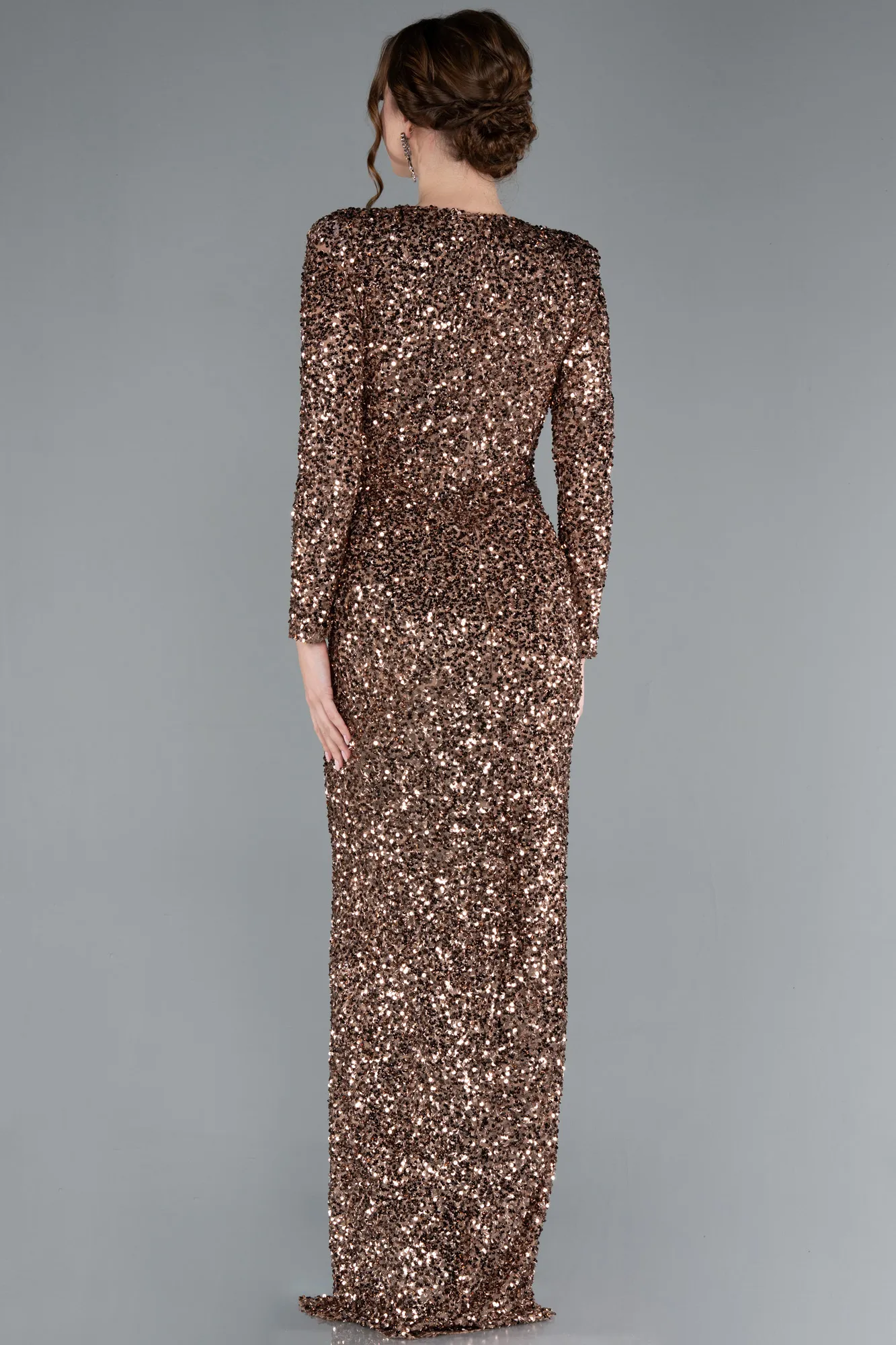 Copper-Long Sleeve V Neck Scaly Evening Gown ABU4763