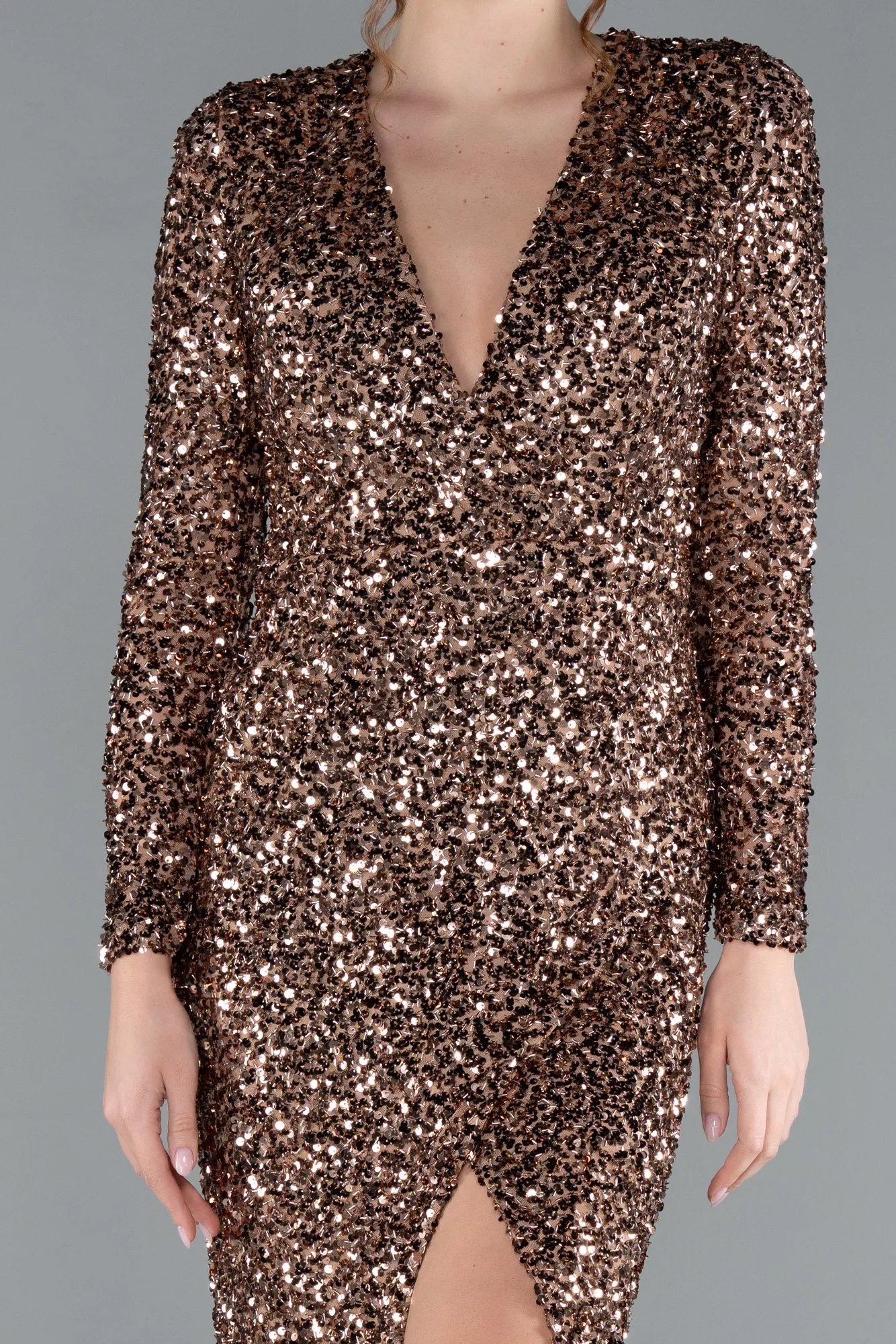 Copper-Long Sleeve V Neck Scaly Evening Gown ABU4763