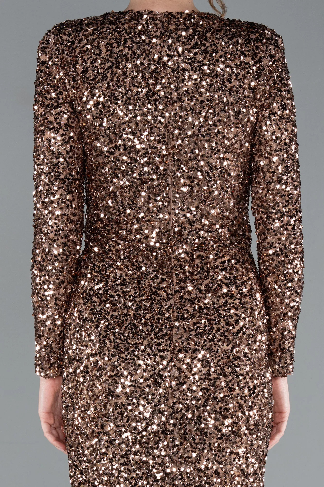 Copper-Long Sleeve V Neck Scaly Evening Gown ABU4763