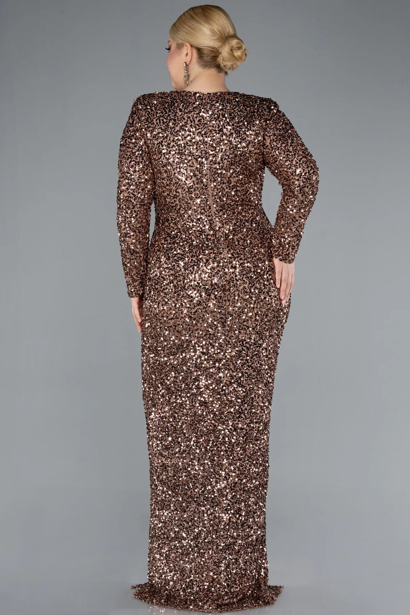 Copper-Long Sleeve V Neck Scaly Plus Size Evening Gown ABU4764