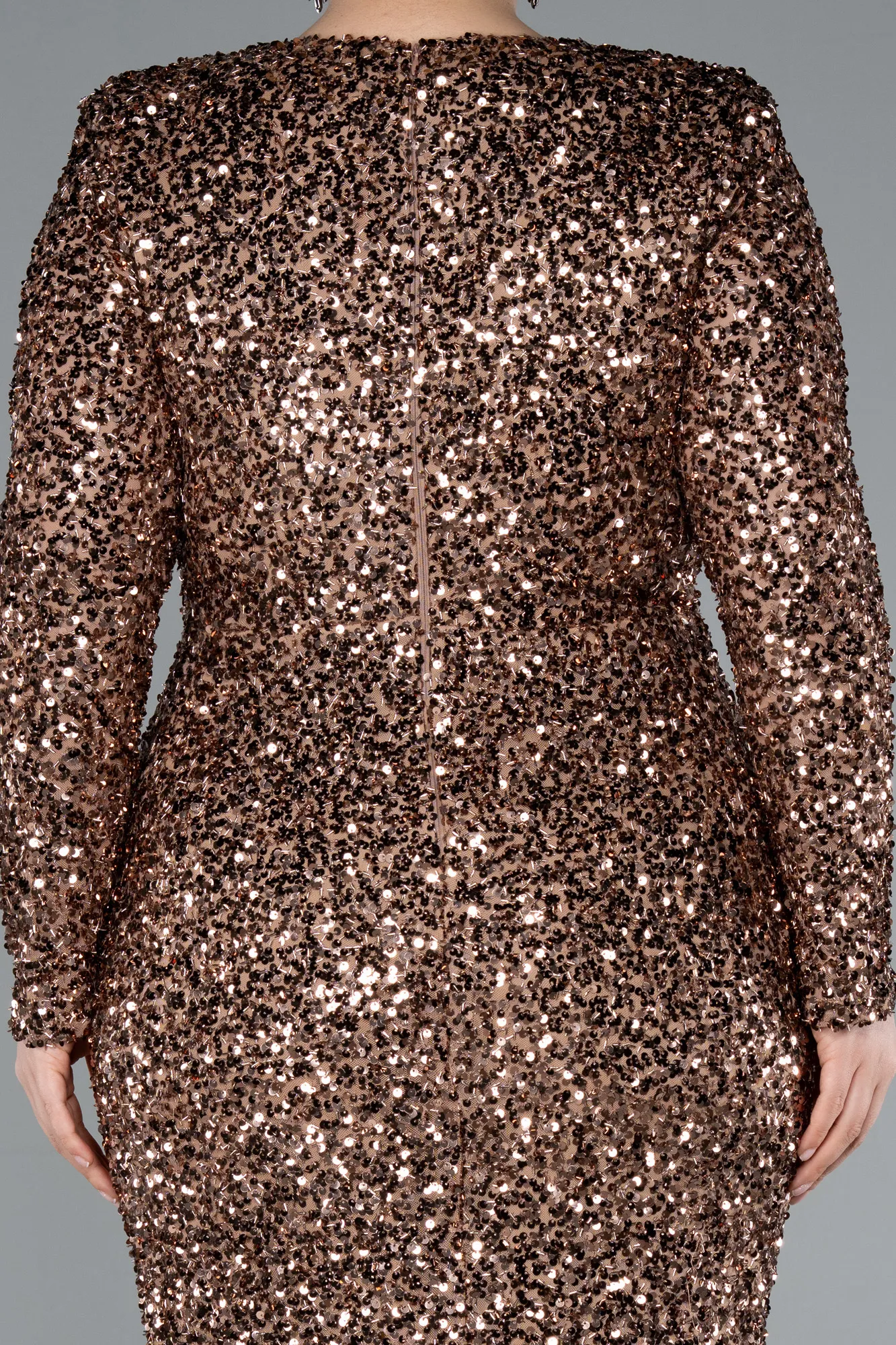 Copper-Long Sleeve V Neck Scaly Plus Size Evening Gown ABU4764