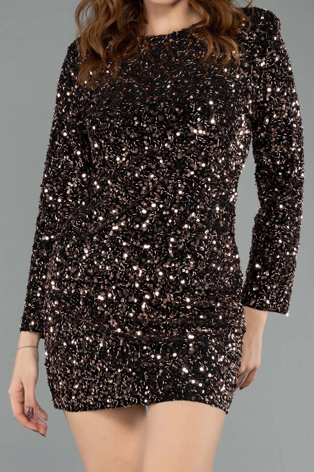 Copper-Mini Sequined Velvet Party Dress ABK2477