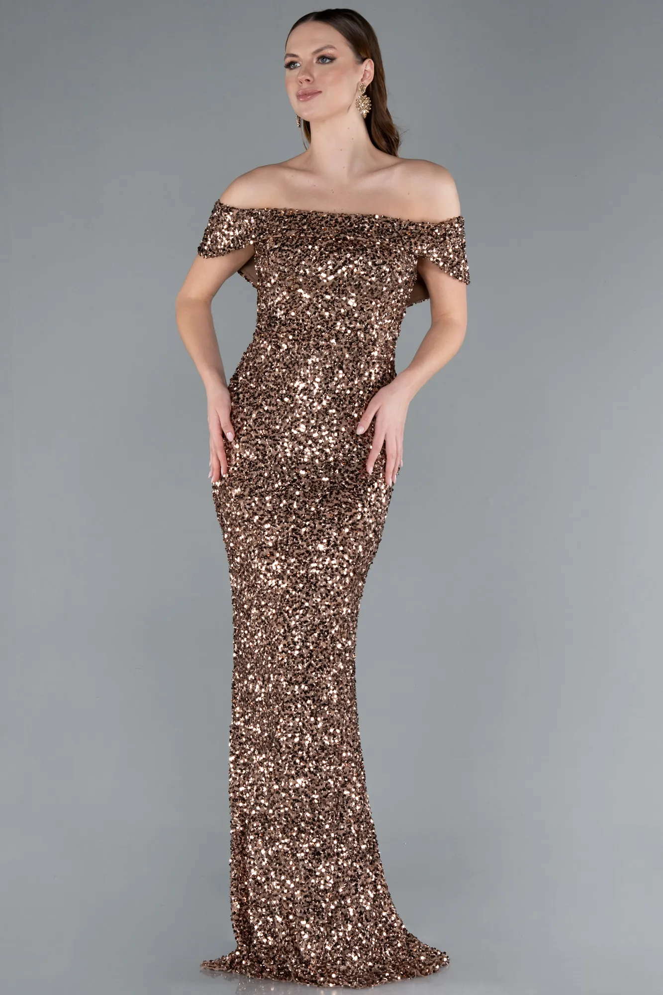 Copper-Off The Shoulder Long Sequin Mermaid Prom Dress ABU4778