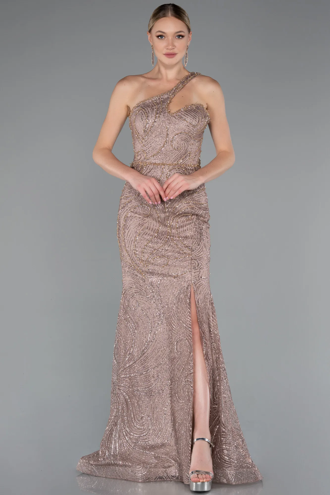 Copper-One Shoulder Slit Long Glitter Mermaid Evening Gown ABU4697