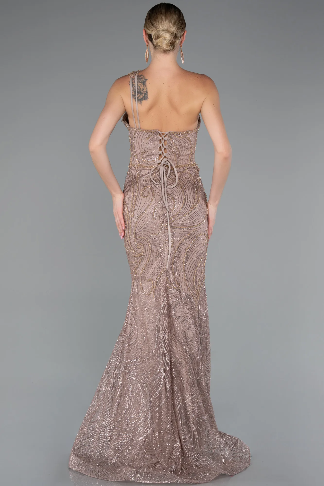 Copper-One Shoulder Slit Long Glitter Mermaid Evening Gown ABU4697
