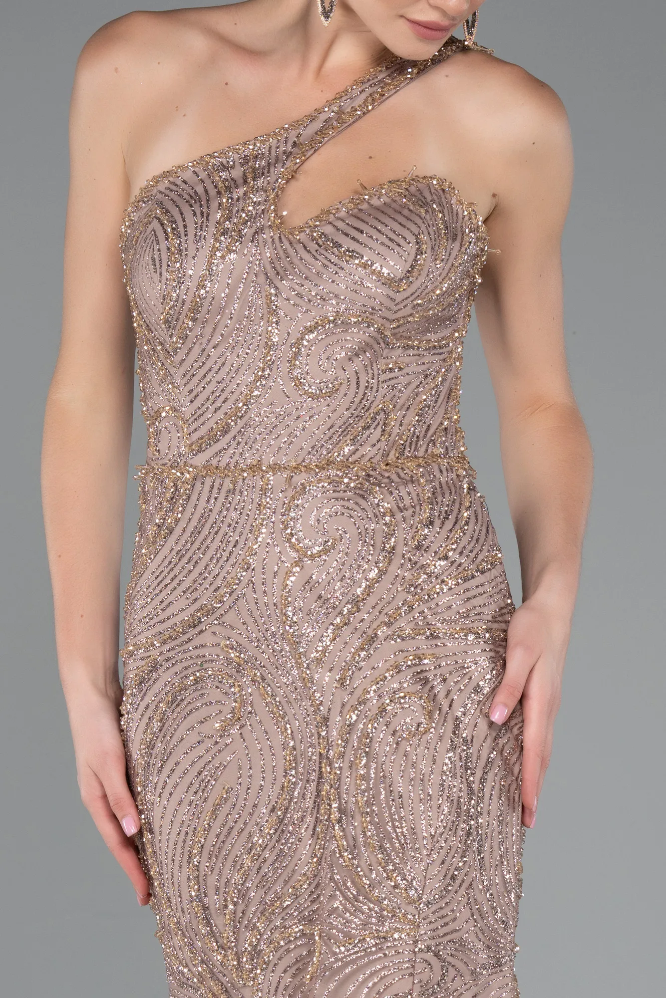 Copper-One Shoulder Slit Long Glitter Mermaid Evening Gown ABU4697