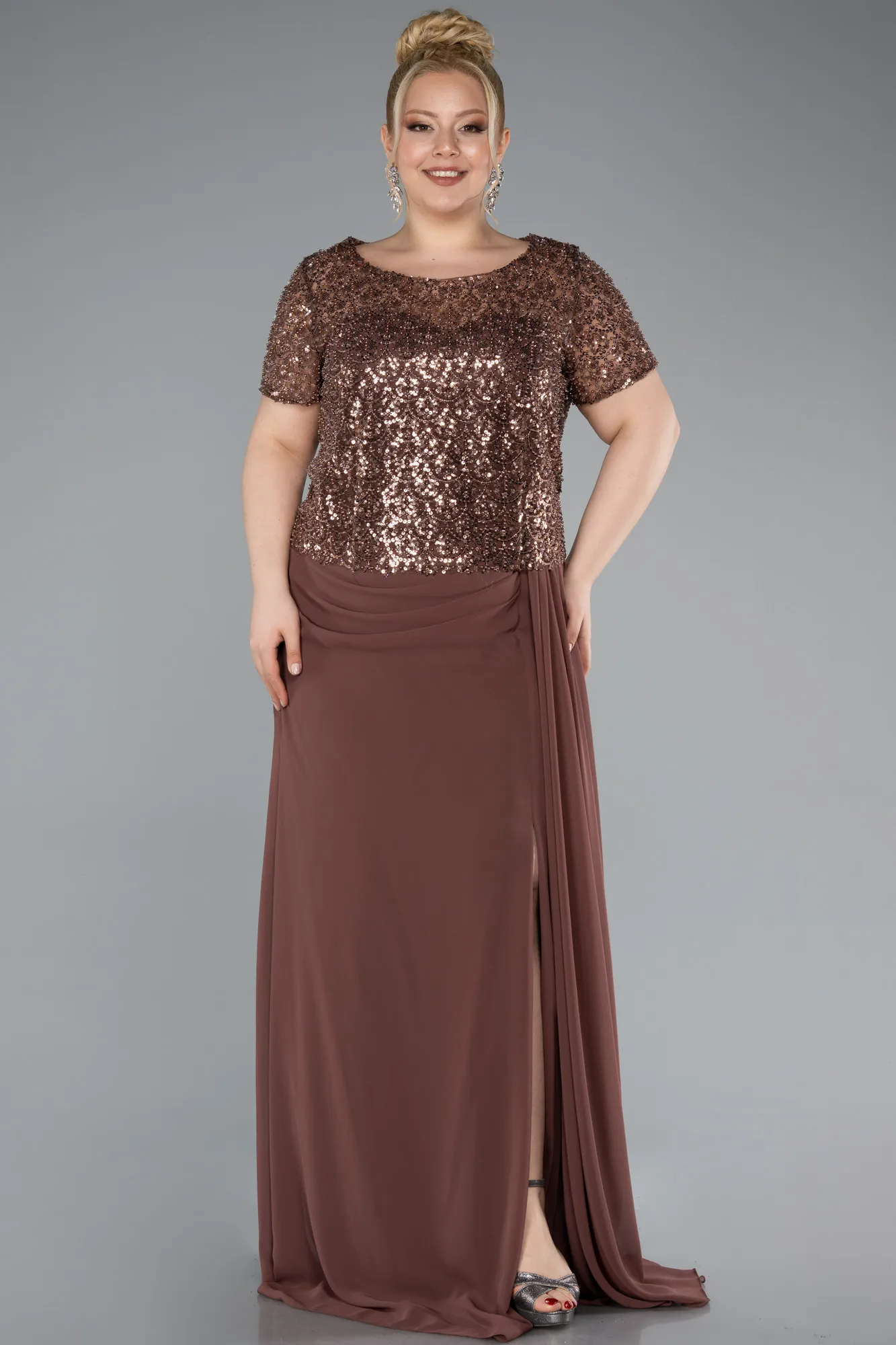 Copper-Short Sleeve Beaded Slit Long Plus Size Chiffon Evening Gown ABU4806