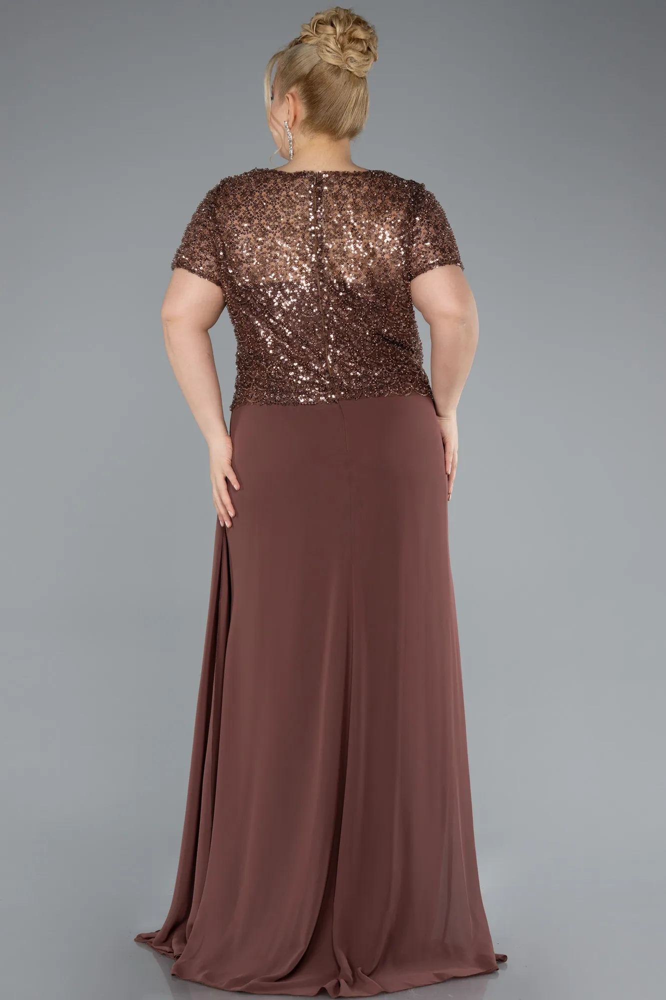 Copper-Short Sleeve Beaded Slit Long Plus Size Chiffon Evening Gown ABU4806
