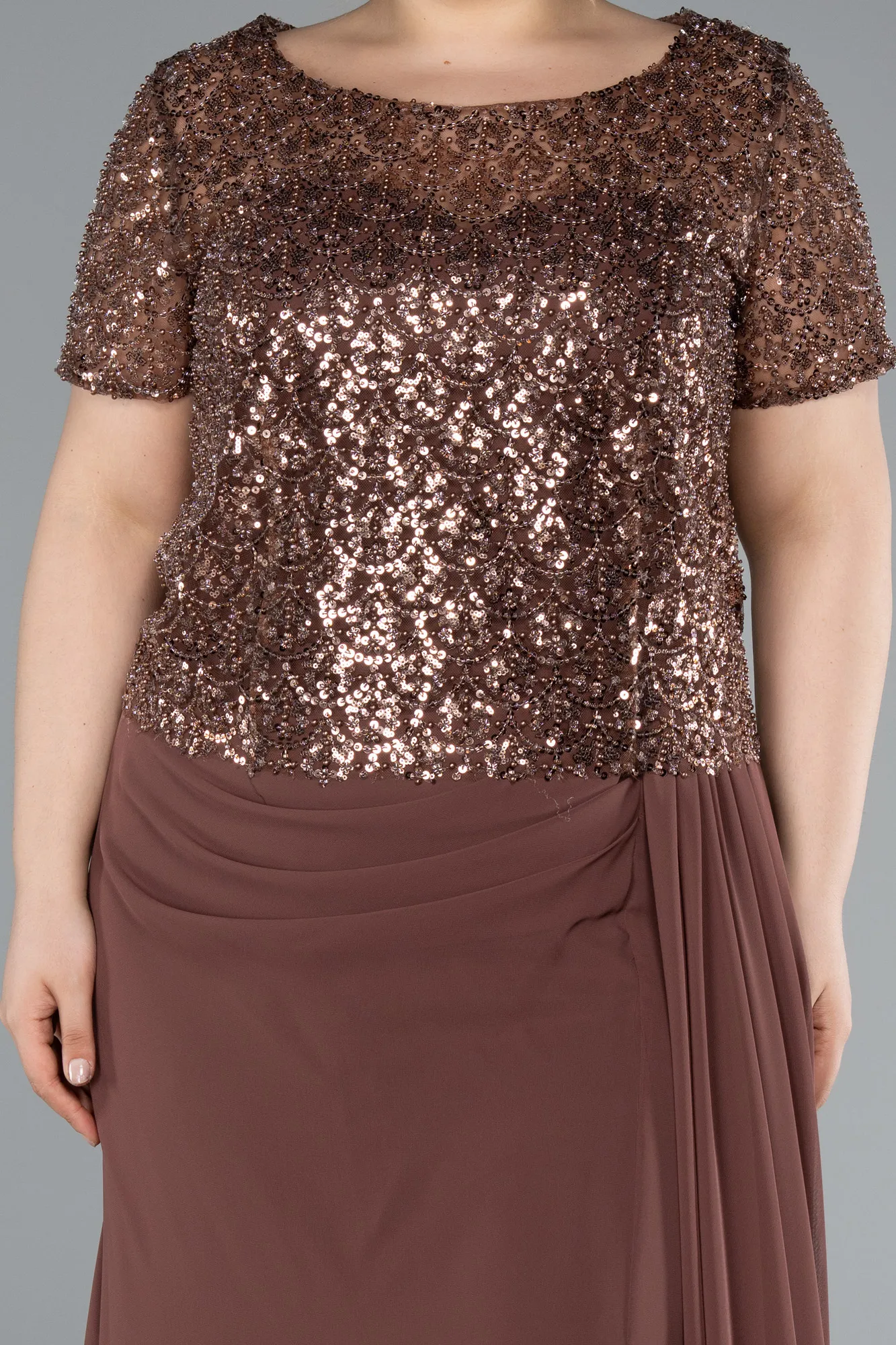 Copper-Short Sleeve Beaded Slit Long Plus Size Chiffon Evening Gown ABU4806