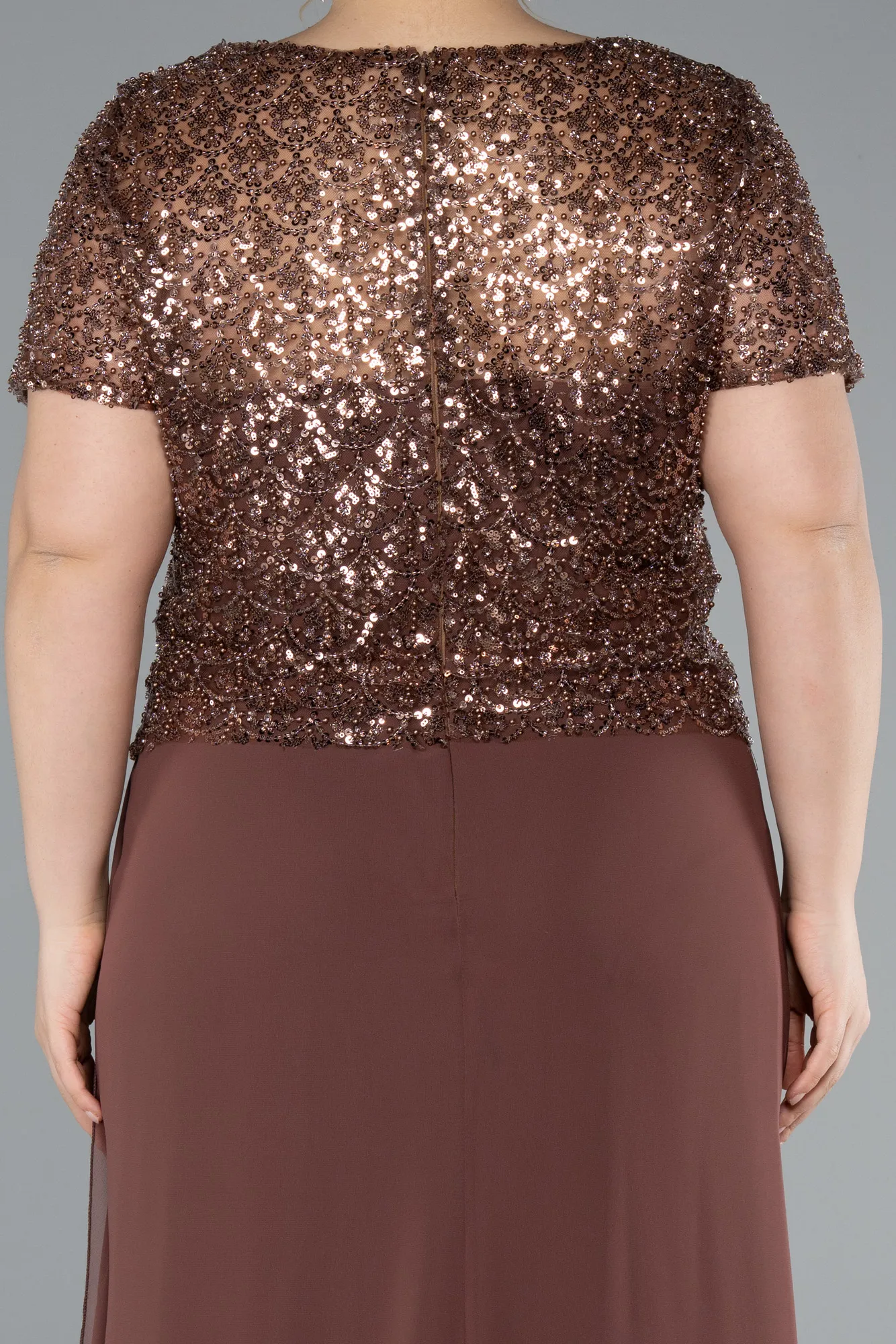 Copper-Short Sleeve Beaded Slit Long Plus Size Chiffon Evening Gown ABU4806