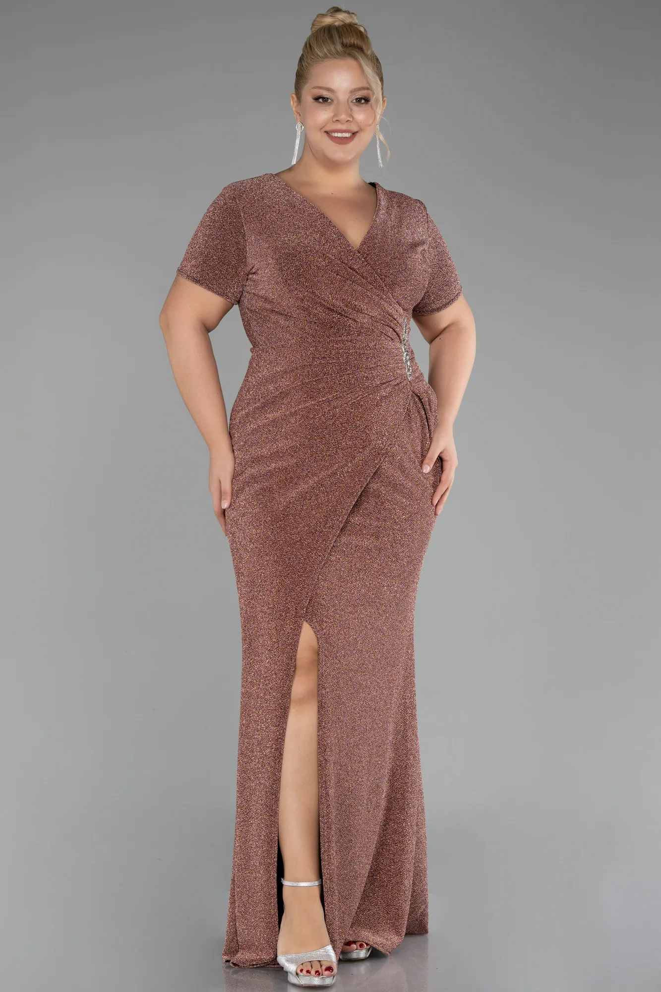 Copper-Short Sleeve Long Silvery Plus Size Evening Dress ABU4101