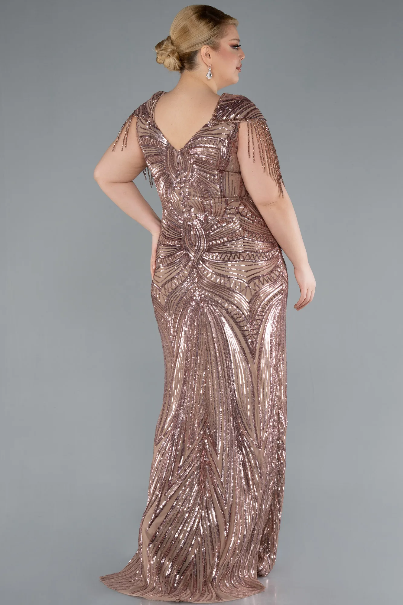 Copper-Short Sleeve V Neck Long Sequin Plus Size Evening Gown ABU4821