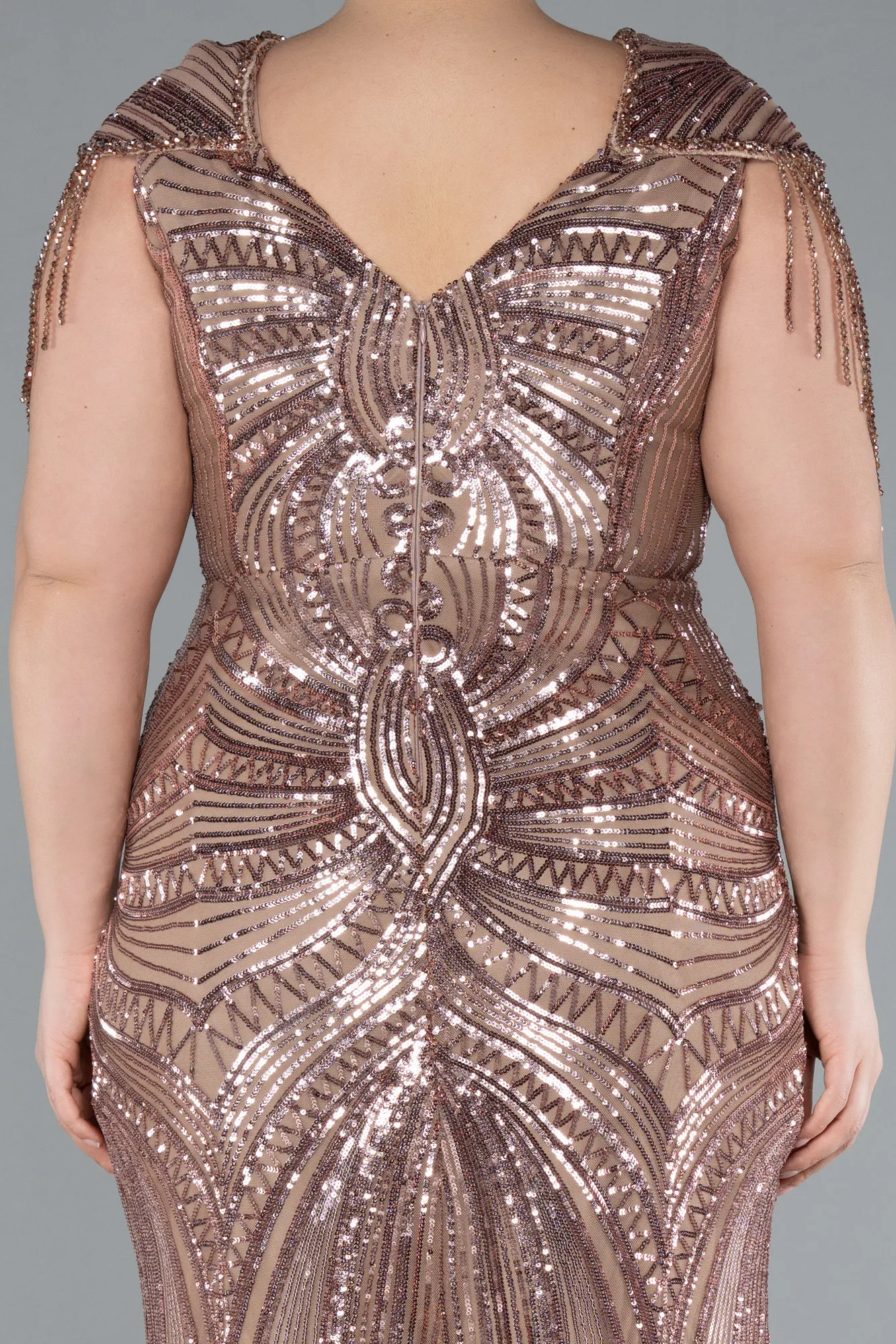 Copper-Short Sleeve V Neck Long Sequin Plus Size Evening Gown ABU4821
