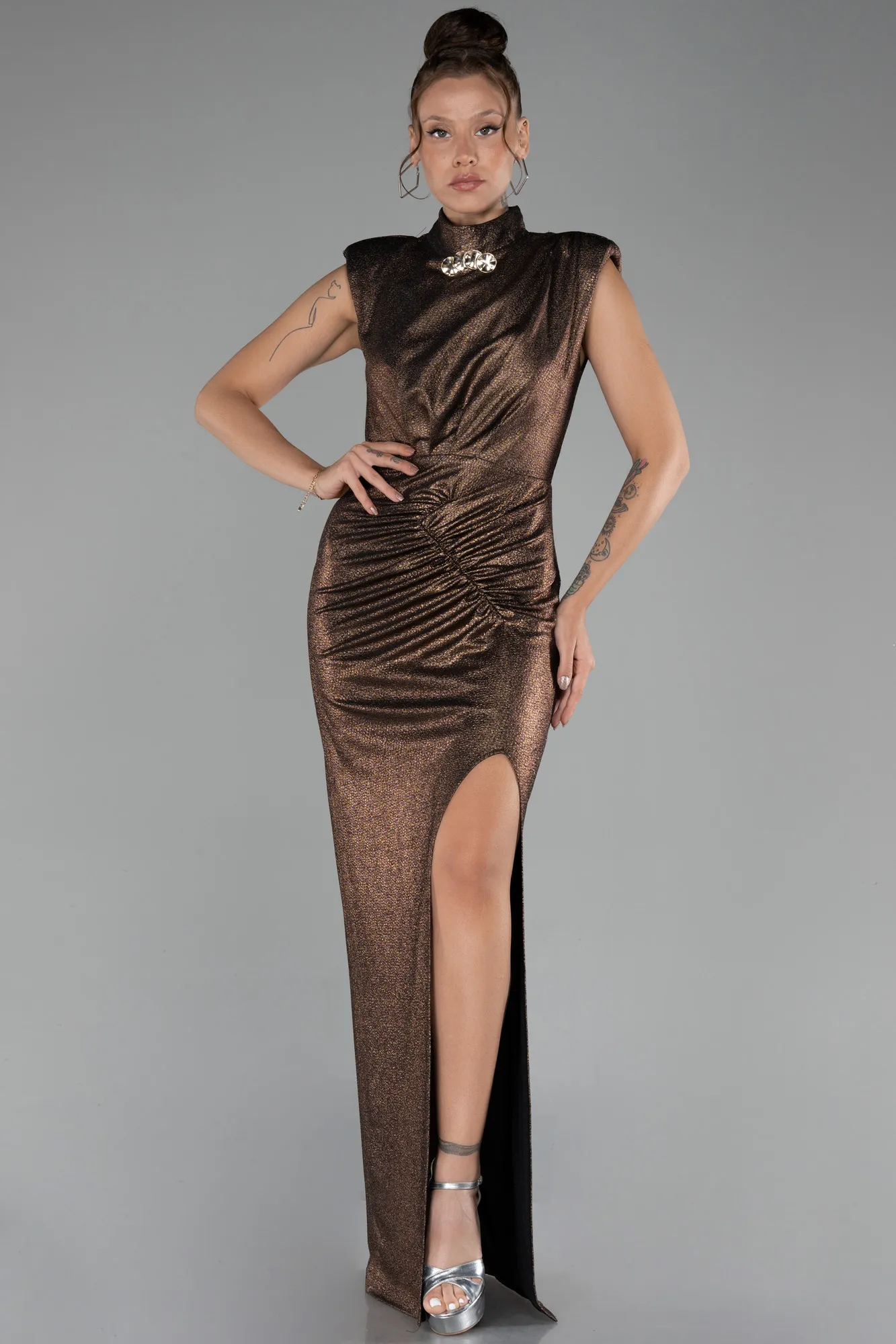 Copper-Sleeveless Slit Long Glitter Evening Dress ABU4273