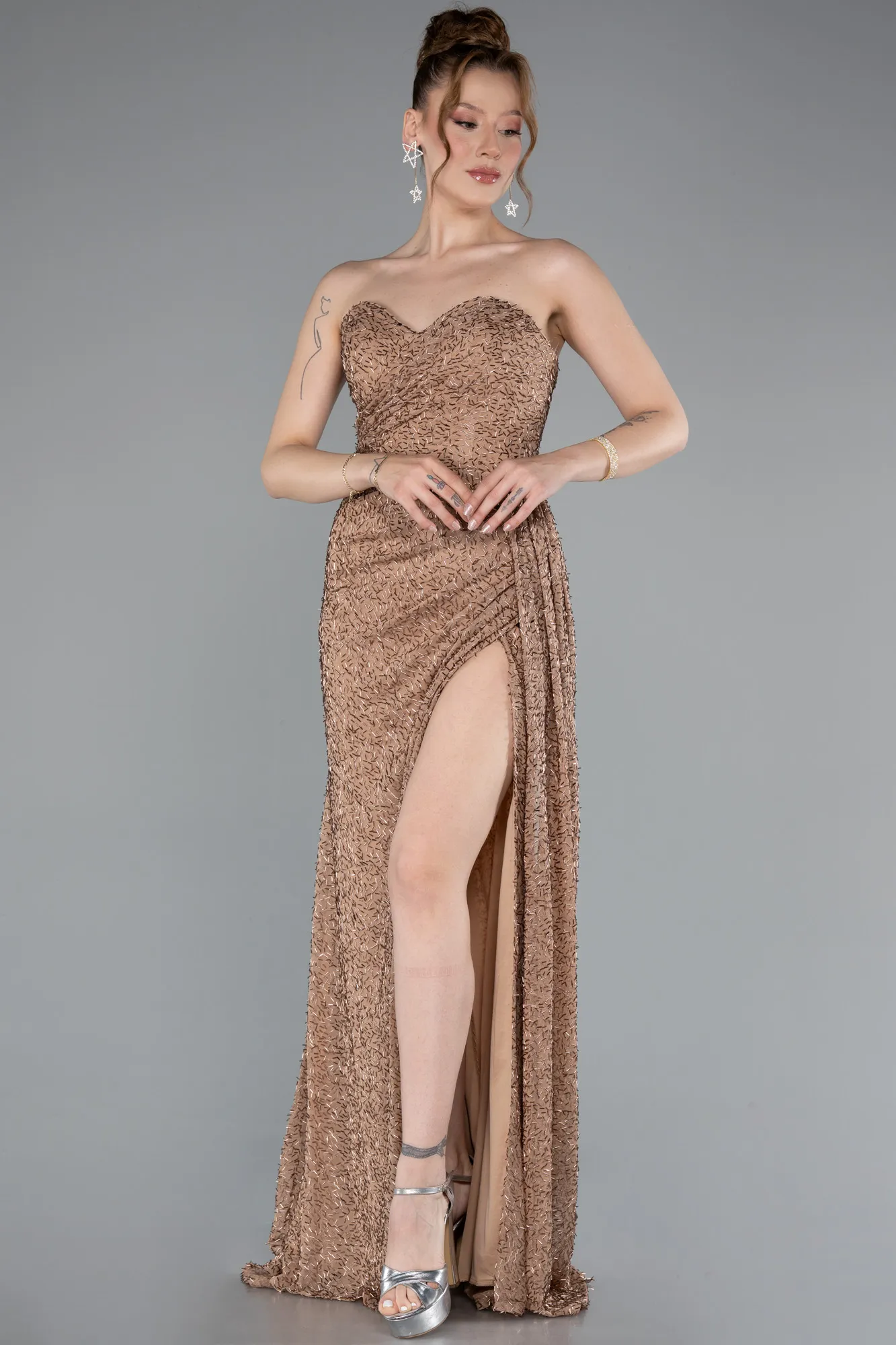 Copper-Strapless Slit Beaded Long Evening Gown ABU4114