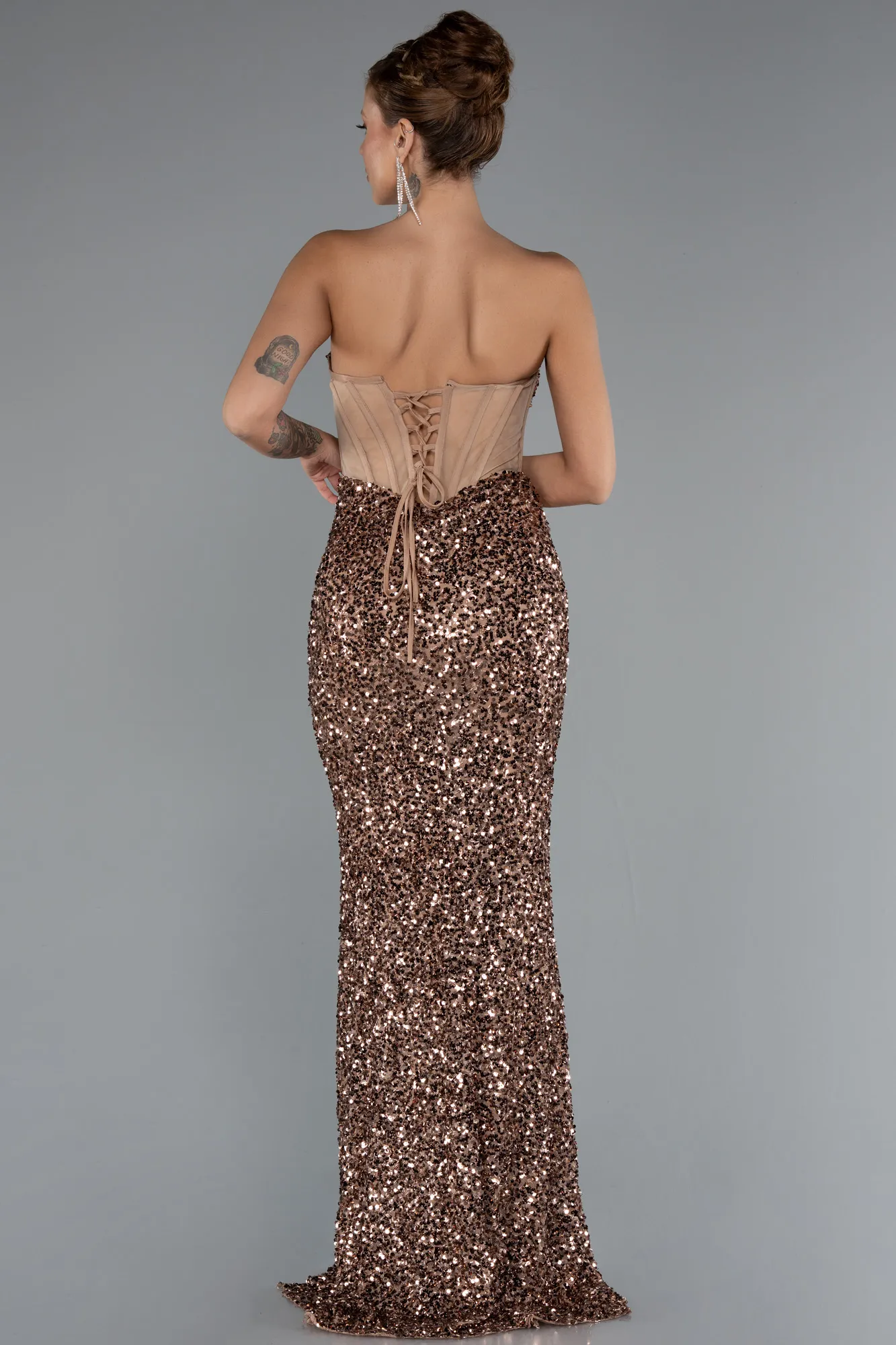 Copper-Strapless Slit Long Scaly Mermaid Prom Dress ABU4790