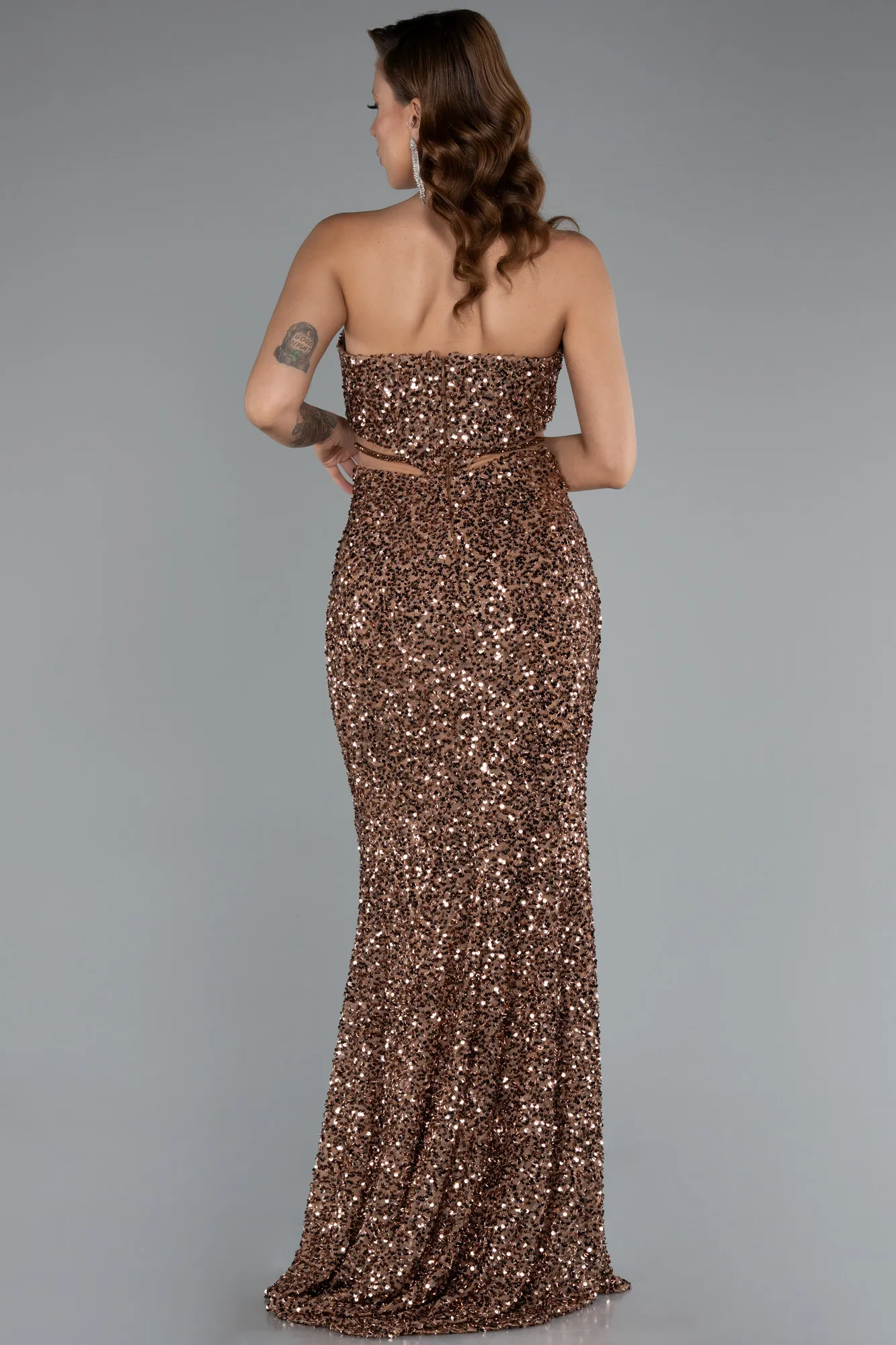 Copper-Strapless Slit Long Sequined Special Design Evening Gown ABU4799